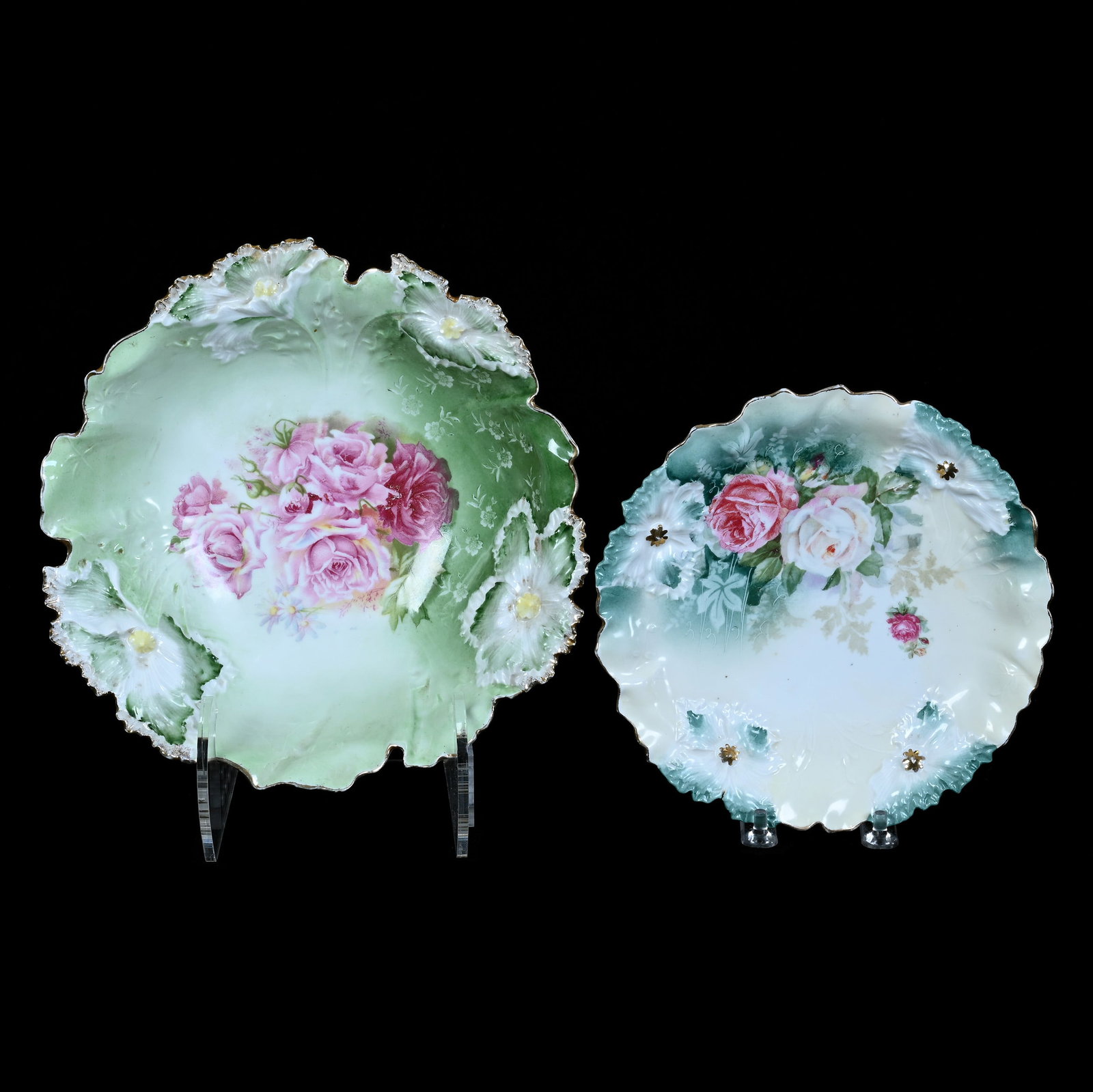 Bowl And Plate, Marked R.S. Prussia, Carnation Mold: Bowl And Plate, Marked R.S. Prussia, Carnation Mold, 9.25 x 9.25 x 2.5 Inches, Rose Decor, (1) Bowl With Green And White Tones , (1) 7.5" Plate With Cream And Green Tones, Has Rim Nicks, 1.4 Pounds, P