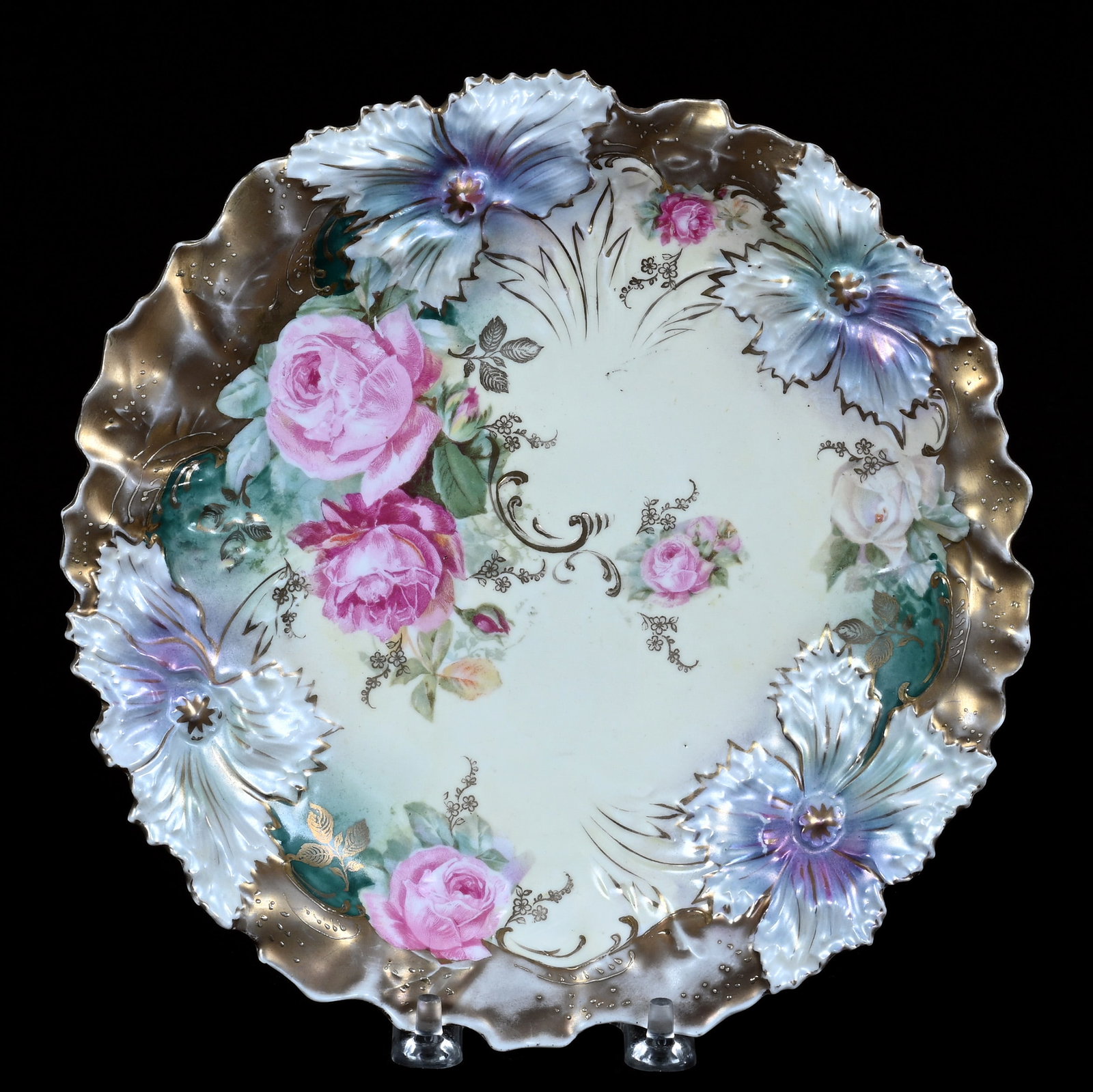 Plate, Marked R.S. Prussia, Carnation Mold: Plate, Marked R.S. Prussia, Carnation Mold, 8.5 x 8.5 x 1.25 Inches, Cream And Green Tones With Pink Rose Decor, Gold Border With Lavender And White Satin Highlights, Some Gold Wear, 0.6 Pounds, Priva