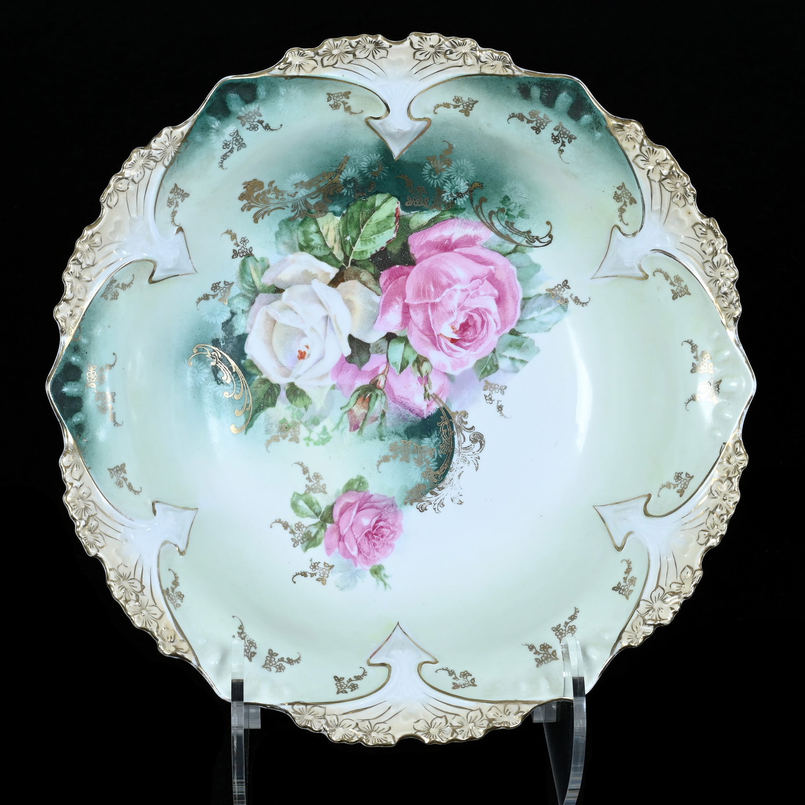 Bowl, Marked R.S. Prussia, Point And Clover Mold: Bowl, Marked R.S. Prussia, Point And Clover Mold, 10.25 x 10.25 x 2.75 Inches, Green And Cream Tones With Pink And White Rose Decor, Gold Stencil Highlights, 1.1 Pounds, Private Collection, Kansas. Ef