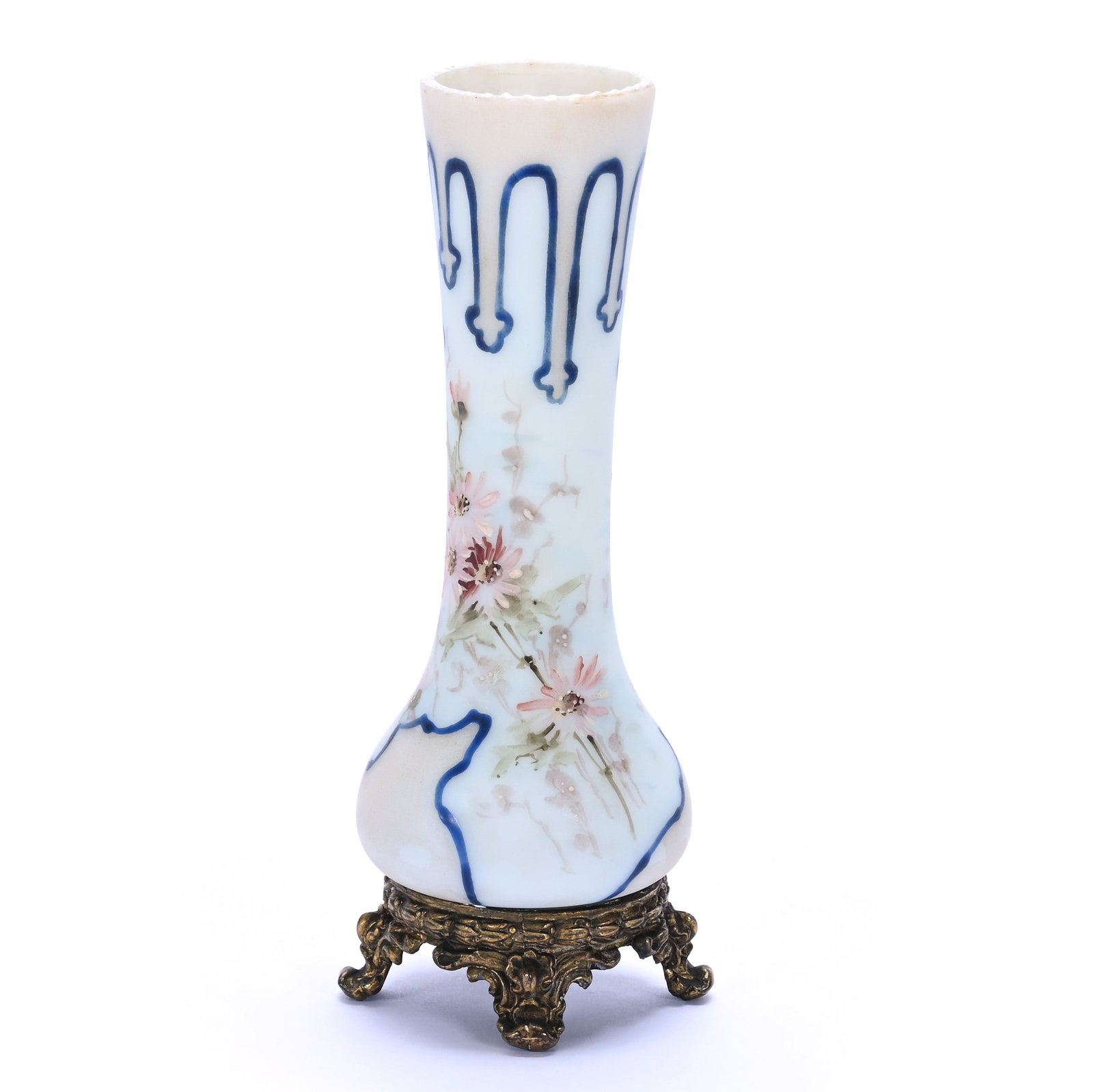Vase, Wave Crest Stamp Mark: Vase, Wave Crest Stamp Mark, 6.5 x 2.75 x 2.75 Inches, White And Cream Tones With Pink Floral Decor, Cobalt Blue Enamel Highlights, Gilt Metal Feet, 0.5 Pounds, Private Collection, Kansas. Effective 6