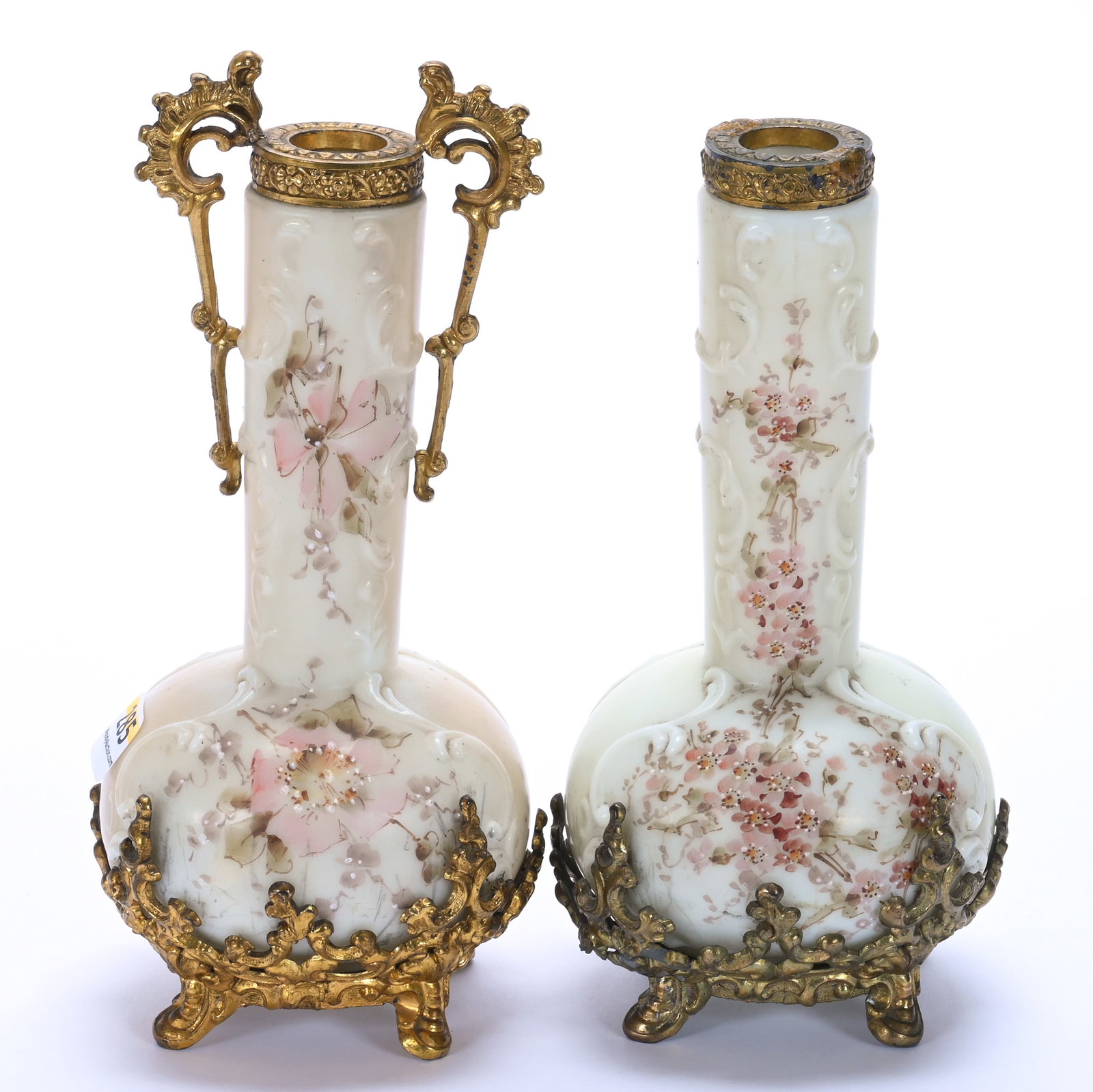 Pair Vases, Wave Crest Banner Mark, Scroll Mold: Pair Vases, Wave Crest Banner Mark, Scroll Mold, 8.25 x 3.75 x 3.75 Inches, (1) Cream And White With Pink Floral Decor And Gilt Metal Fittings And (1) Green And White With Pink Floral Decor, Missing H