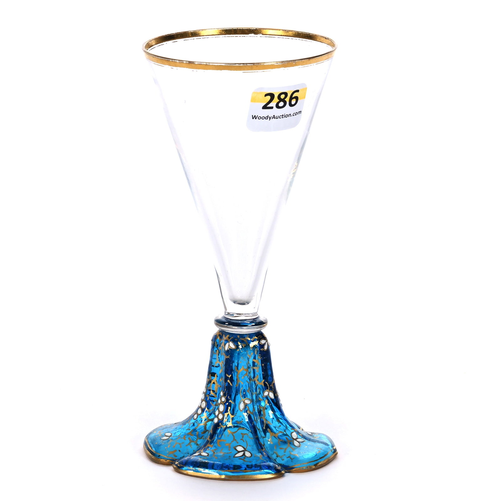 Conical Shaped Wine Stem, Unmarked Moser Art Glass: Conical Shaped Wine Stem, Unmarked Moser Art Glass, 5.75 x 2.75 x 2.75 Inches, Clear Bowl, Blue Petticoat Foot With Enamel And Stencil Highlights, 0.2 Pounds, Private Collection, Kansas. Effective 6/6