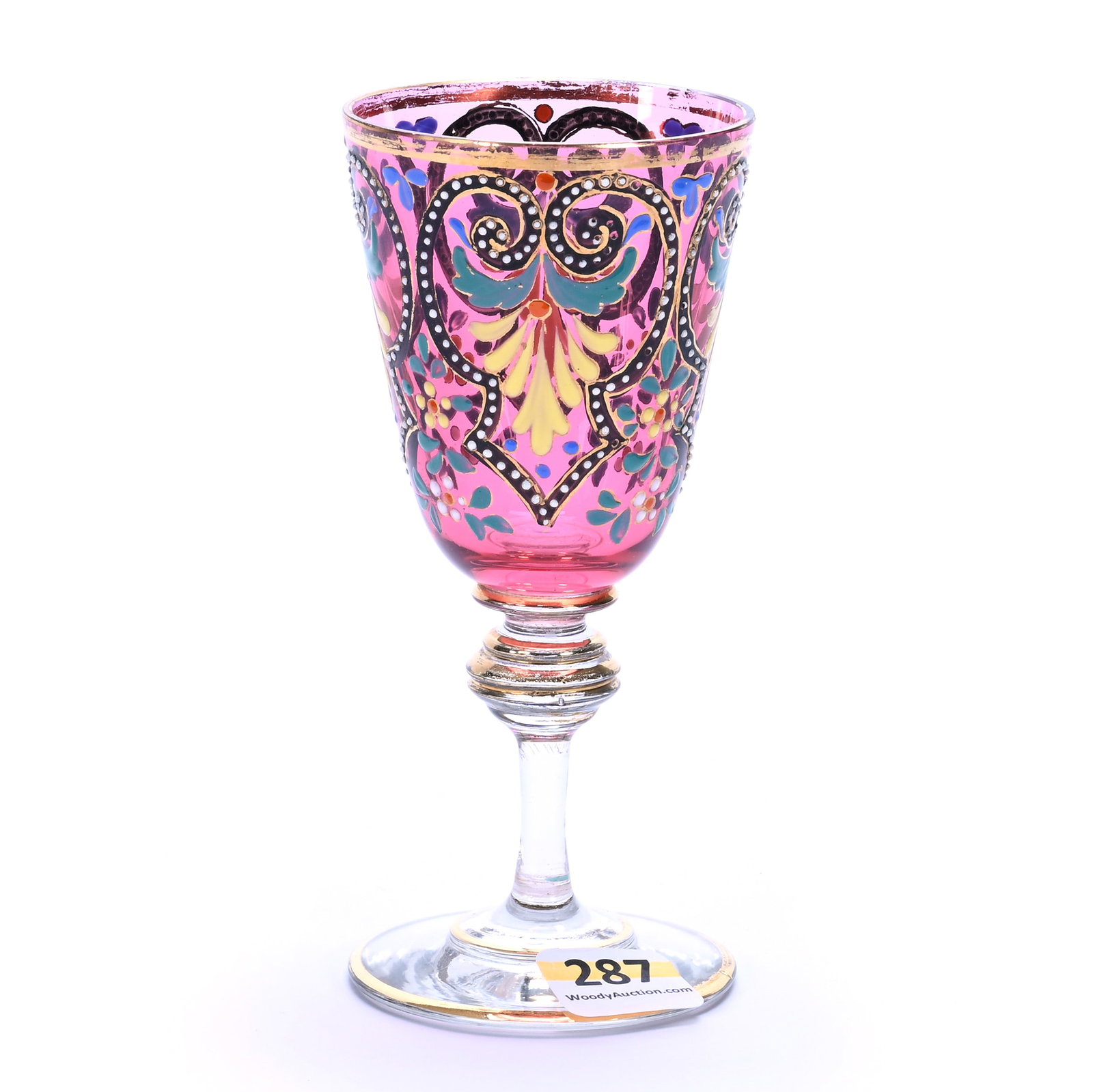 Wine Stem, Unmarked Bohemian Art Glass: Wine Stem, Unmarked Bohemian Art Glass, 5.25 x 2.25 x 2.25 Inches, Cranberry Bowl With Decorated Enamel Decor, Clear Stem And Foot With Gold Highlights, 0.3 Pounds, Private Collection, Kansas. Effecti