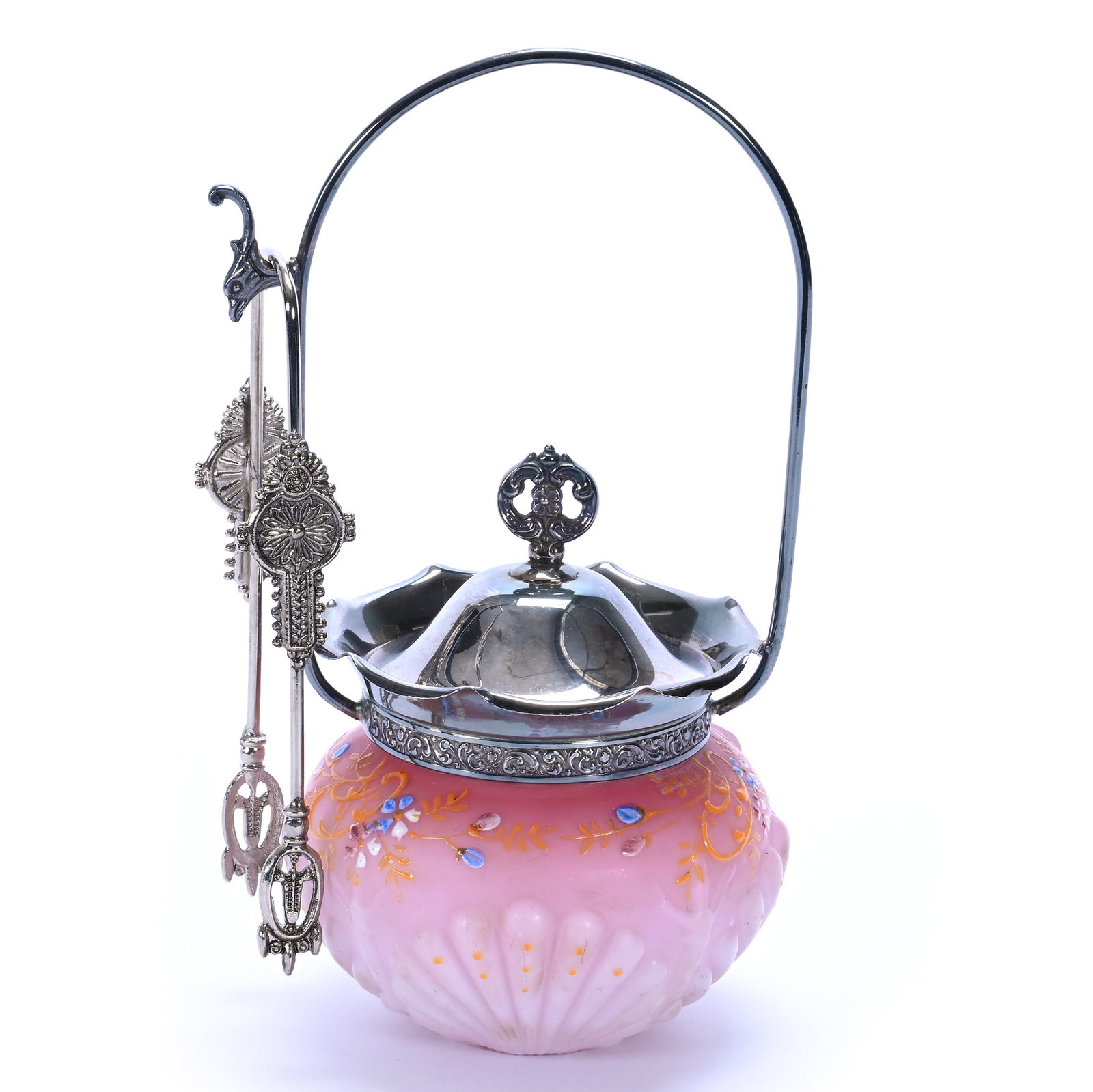 Sugar Bowl, Pink Satin Art Glass, Shell Mold: Sugar Bowl, Pink Satin Art Glass, Shell Mold, 8.75 x 4.25 x 4.25 Inches, Enamel Floral And Scroll Highlights, Silverplate Lid And Handle, 0.9 Pounds, Private Collection, Kansas. Effective 6/6/26, All 