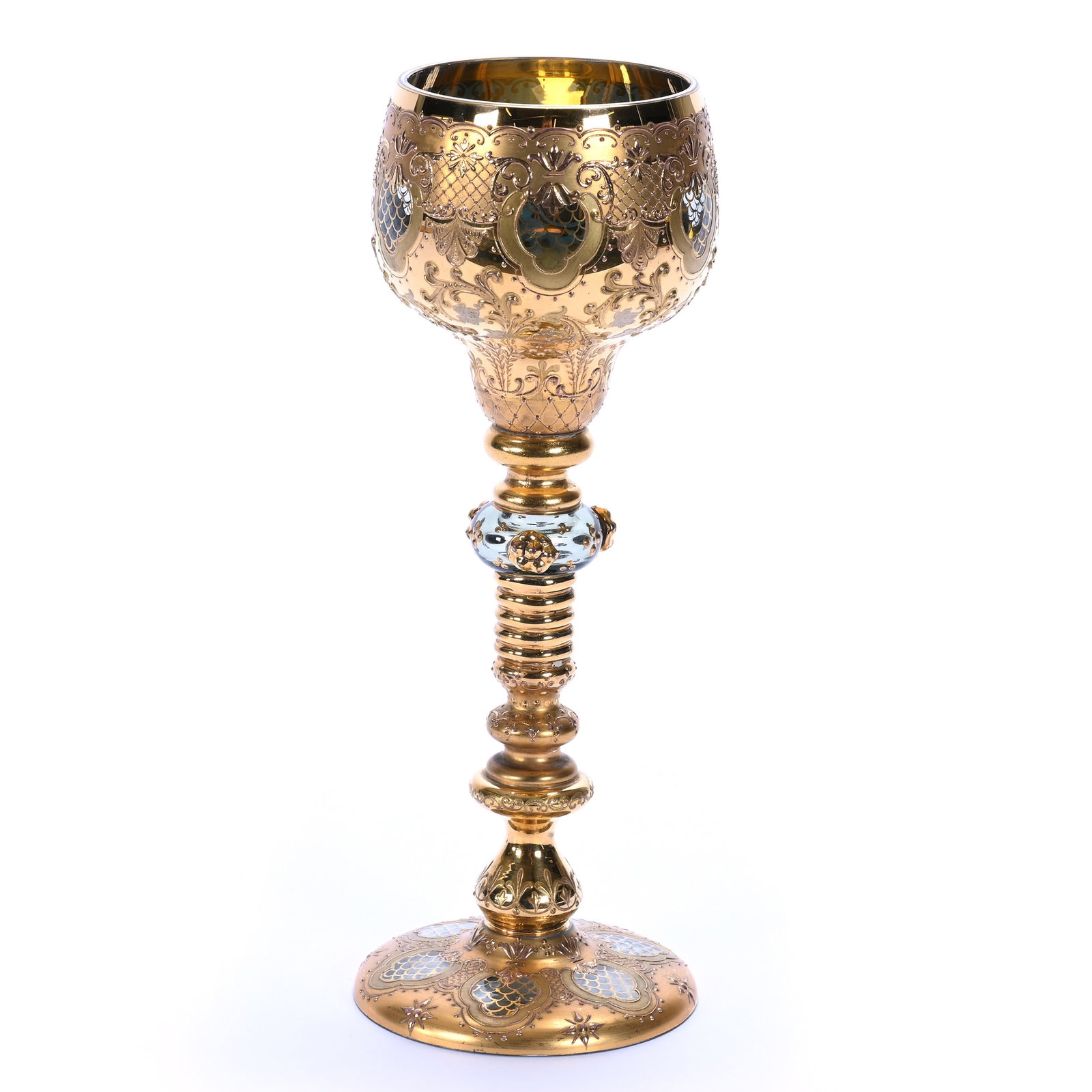 Wine Stem, Bohemian Art Glass: Wine Stem, Bohemian Art Glass, 8 x 3 x 3 Inches, Pale Green With Extensive Gold Overlay, 0.4 Pounds, Private Collection, Kansas. Effective 6/6/26, All LiveAuctioneers Invoices Must Be Paid Using The P