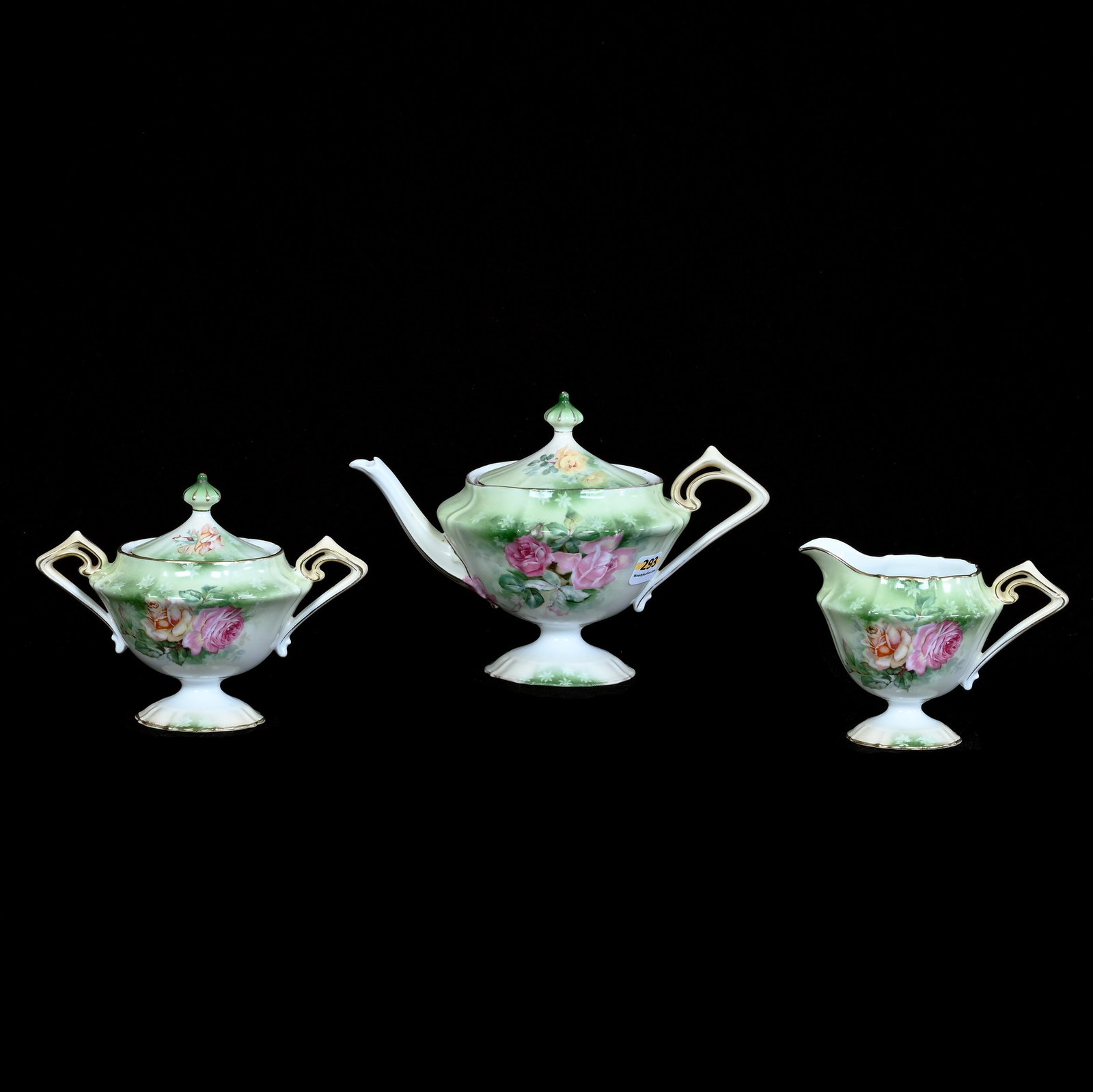 (3) Piece Pedestal Tea Set, Marked R.S. Prussia: (3) Piece Pedestal Tea Set, Marked R.S. Prussia, 6 x 8.75 x 5.5 Inches, Green, Cream, And White Tones With Pink Rose Decor, 1.5 Pounds, Private Collection, Kansas. Effective 6/6/26, All LiveAuctioneer