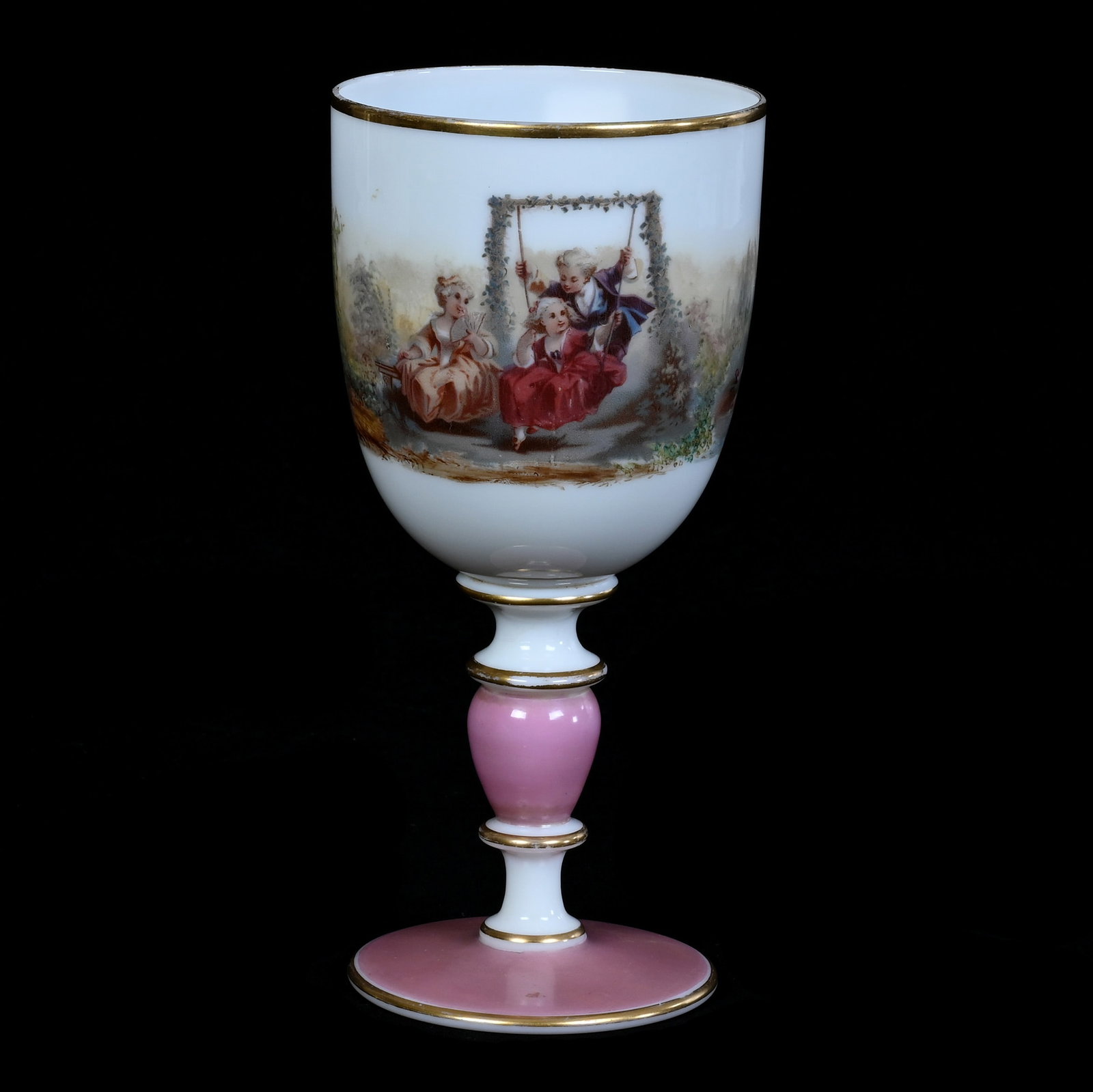 Chalice, French Opaline Art Glass: Chalice, French Opaline Art Glass, 9.25 x 4.25 x 4.25 Inches, Pink And White Tones With Classic Courting Scenic Decors, 1.3 Pounds, Private Collection, Kansas. Effective 6/6/26, All LiveAuctioneers In