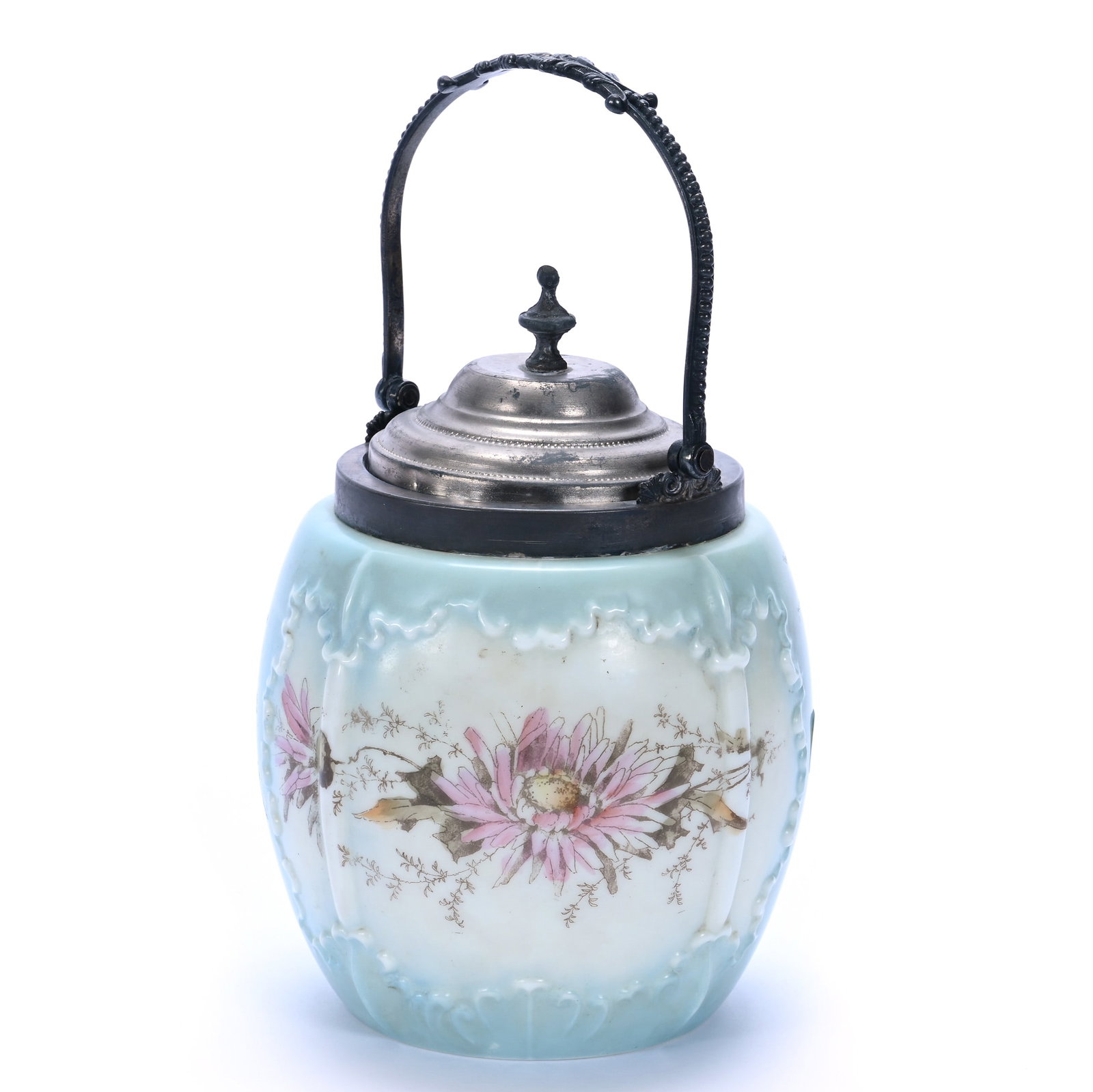 Biscuit Jar, Unmarked Wave Crest, Barrel Form, Ruffle Mold: Biscuit Jar, Unmarked Wave Crest, Barrel Form, Ruffle Mold, 8.5 x 6 x 6 Inches, Blue And White Tones With Pink Floral Decor, Silverplate Lid And Bail, 1.9 Pounds, Private Collection, Kansas. Effective