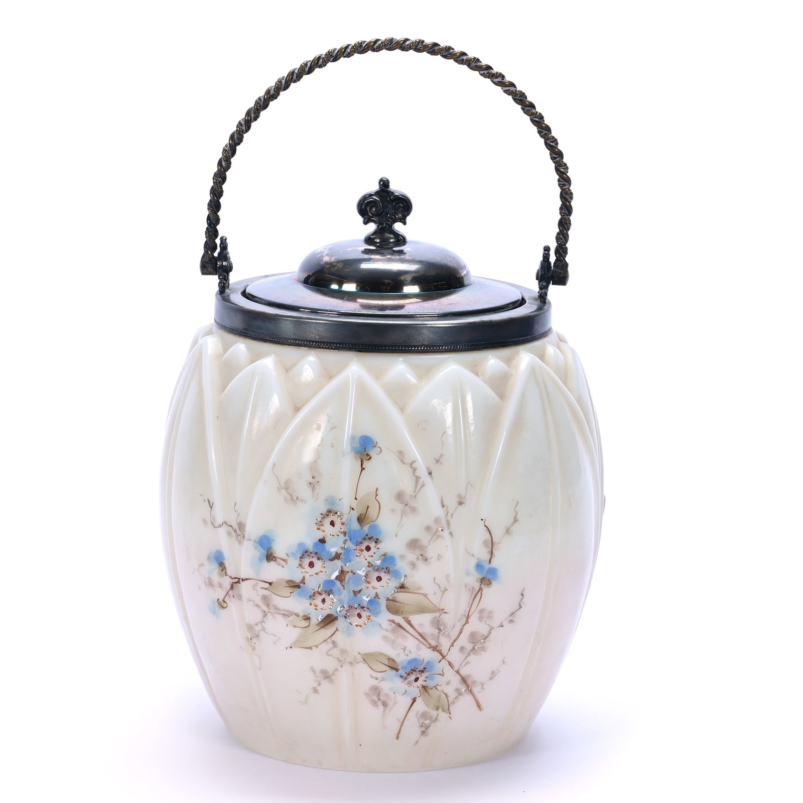 Biscuit Jar, Unmarked Wave Crest, Leaf Mold: Biscuit Jar, Unmarked Wave Crest, Leaf Mold, 8 x 5.75 x 5.75 Inches, Cream Tones With Blue Floral Decor, Silverplate Lid And Bail, 1.9 Pounds, Private Collection, Kansas. Effective 6/6/26, All LiveAuc