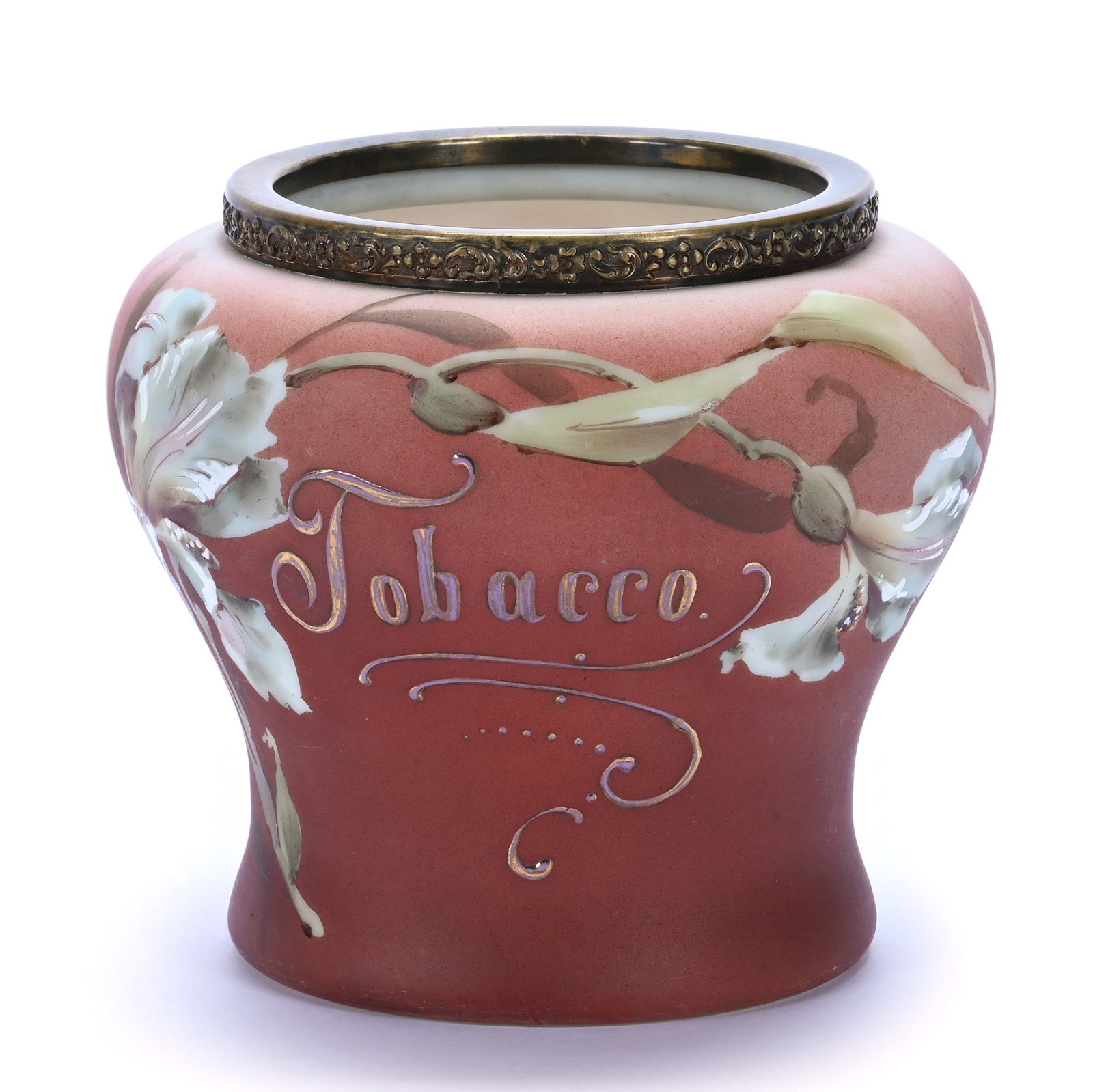 Tobacco Jar, Marked Nakara: Tobacco Jar, Marked Nakara, 5.5 x 6.25 x 6.25 Inches, Mauve Tones With Blue Iris Decor, Enamel Tobacco, Missing Lid, 1.6 Pounds, Private Collection, Kansas. Effective 6/6/26, All LiveAuctioneers Invoi