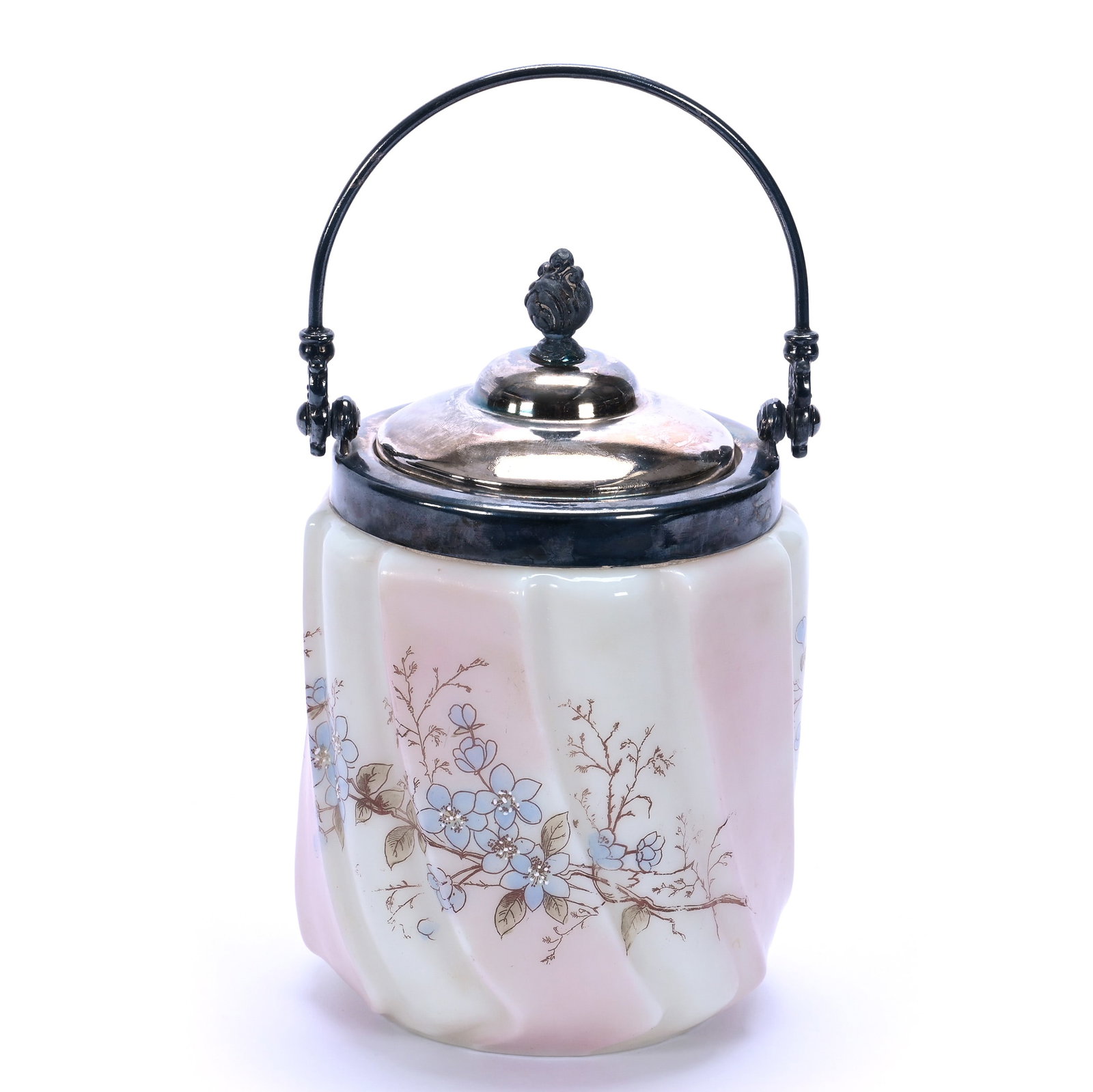 Biscuit Jar, Unmarked Wave Crest, Swirl Mold: Biscuit Jar, Unmarked Wave Crest, Swirl Mold, 8 x 5.25 x 5.25 Inches, Pink And White Tones With Blue Floral Decor, Silverplate Lid And Bail, 2.1 Pounds, Private Collection, Kansas. Effective 6/6/26, A