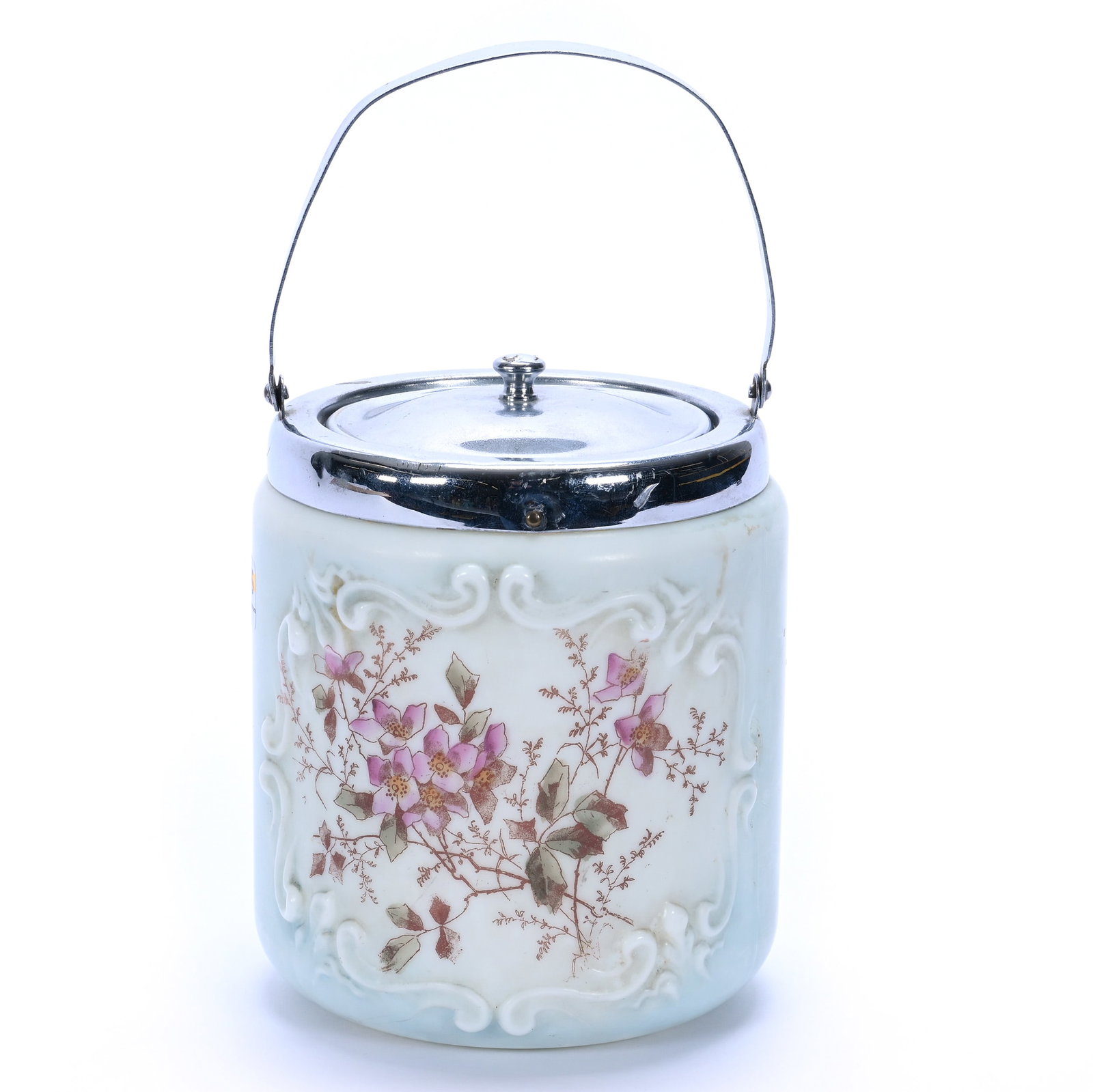 Biscuit Jar, Unmarked Wave Crest, Scroll Mold: Biscuit Jar, Unmarked Wave Crest, Scroll Mold, 6.5 x 5.25 x 5.25 Inches, Blue And White Tones With Pink Floral Decor, Silverplate Lid And Bail, 1.9 Pounds, Private Collection, Kansas. Effective 6/6/26