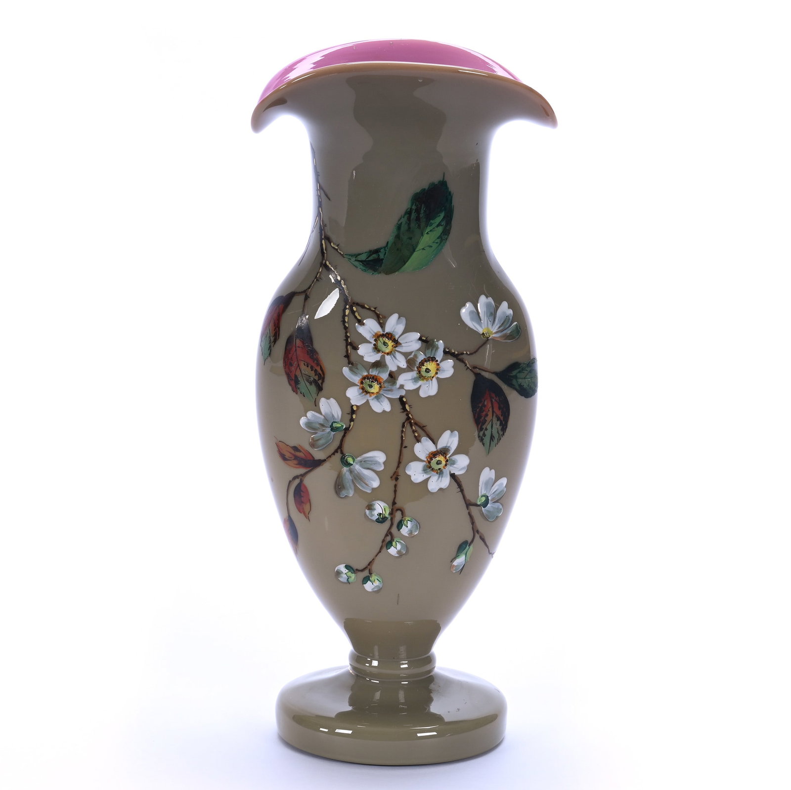 Pedestal Vase, Brown Bristol Fire Glow Art Glass: Pedestal Vase, Brown Bristol Fire Glow Art Glass, 11.5 x 4.75 x 4 Inches, Heavy Enamel Branch And Blossom Decor, 1.6 Pounds, Private Collection, Kansas. Effective 6/6/26, All LiveAuctioneers Invoices 