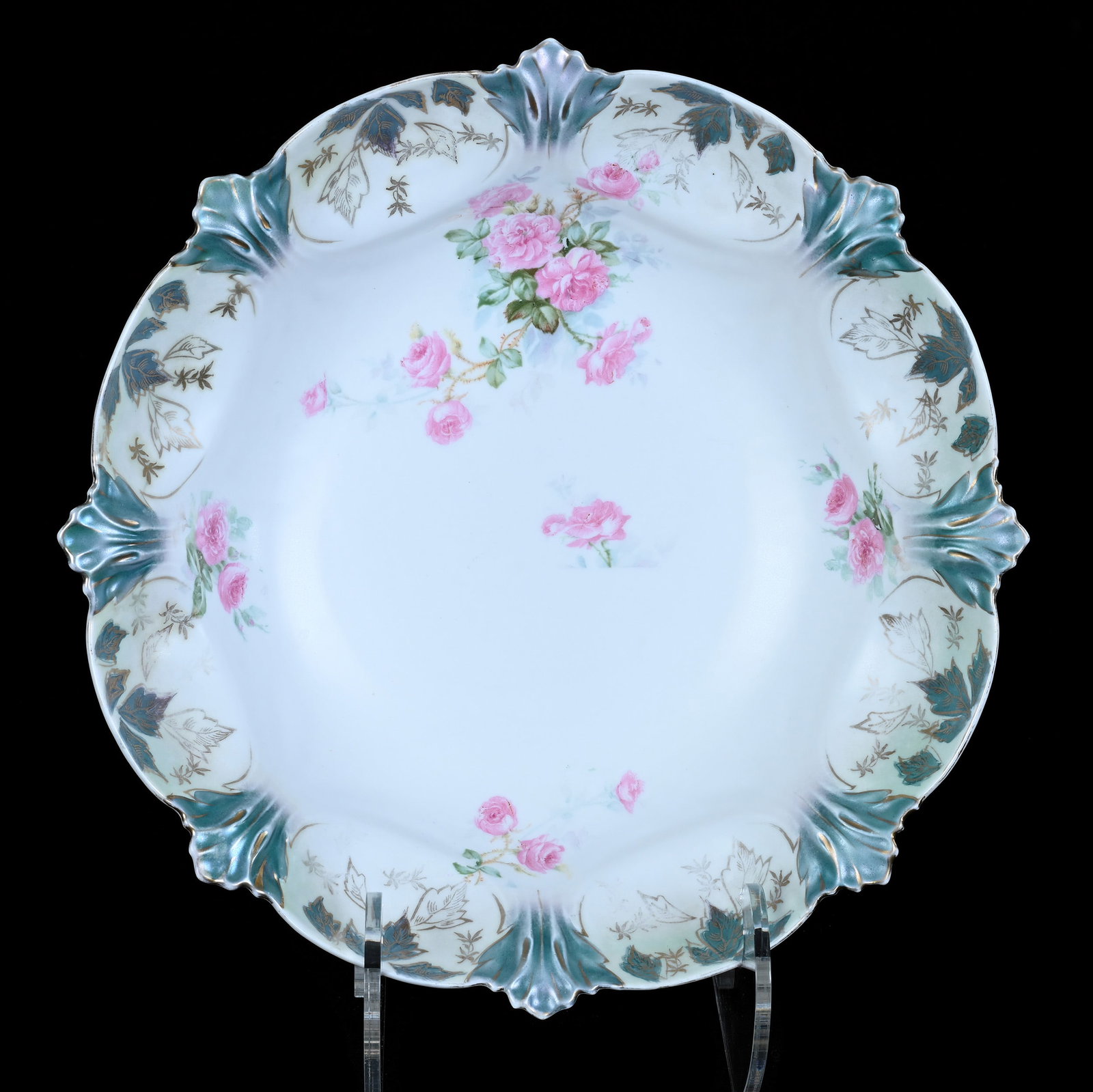 Bowl, Marked R.S. Prussia: Bowl, Marked R.S. Prussia, 10.5 x 10.5 x 2.75 Inches, White And Green Satin Finish With Pink Rose Decor, 1.3 Pounds, Private Collection, Kansas. Effective 6/6/26, All LiveAuctioneers Invoices Must Be 