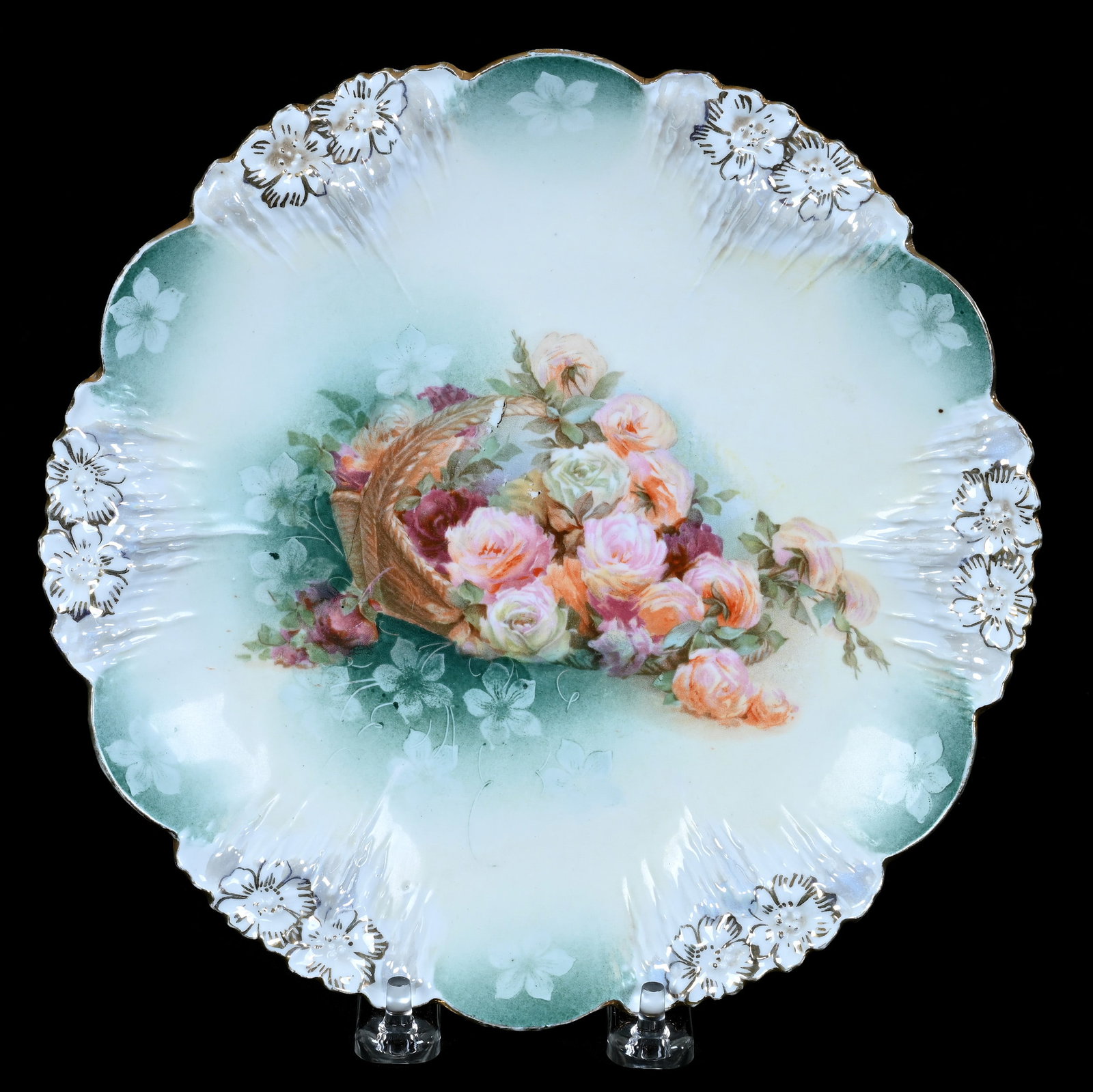 Plate, Marked R.S. Prussia, Icicle Mold: Plate, Marked R.S. Prussia, Icicle Mold, 8.5 x 8.5 x 1 Inches, Green, Cream, And White Tones With Spilled Basket Decor, 0.7 Pounds, Private Collection, Kansas. Effective 6/6/26, All LiveAuctioneers