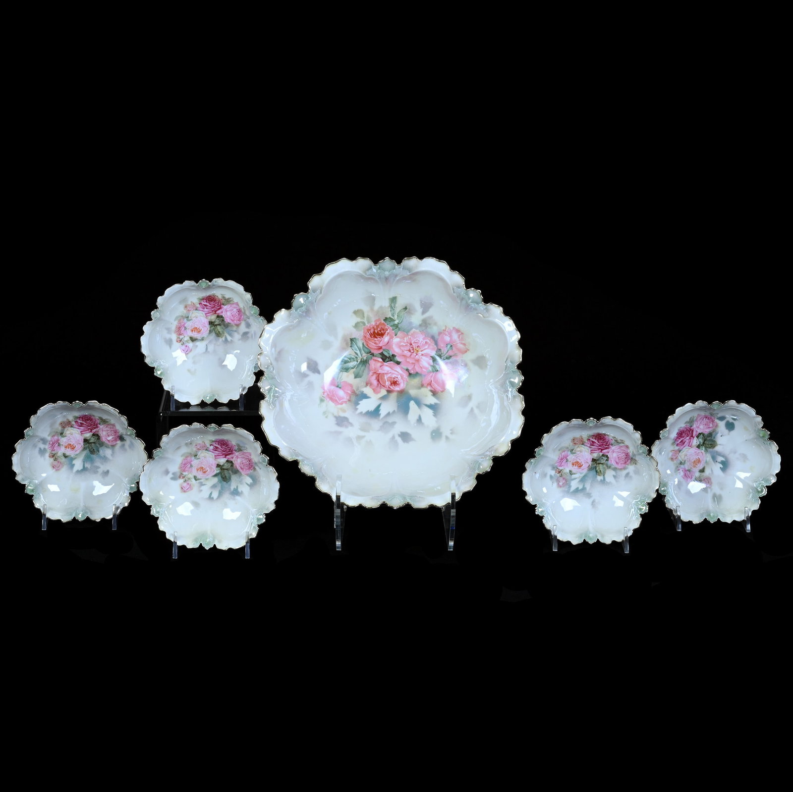 Berry Set, Marked R.S. Prussia: Berry Set, Marked R.S. Prussia, 10 x 10 x 3 Inches, Green And White Luster Finish With Pink Rose Decor, (1) Master Bowl And (5) 5" Berry Dishes, 1.8 Pounds, Private Collection, Kansas. Effective 6/6/2