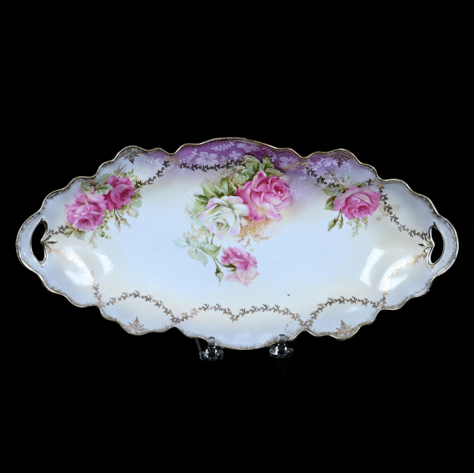Celery Tray, Marked R.S. Prussia: Celery Tray, Marked R.S. Prussia, 12.75 x 6.75 x 1.75 Inches, Lavender, Cream, And White Tones With Pink And White Rose Decor, Gold Stencil Highlights, 0.8 Pounds, Private Collection, Kansas. Effectiv