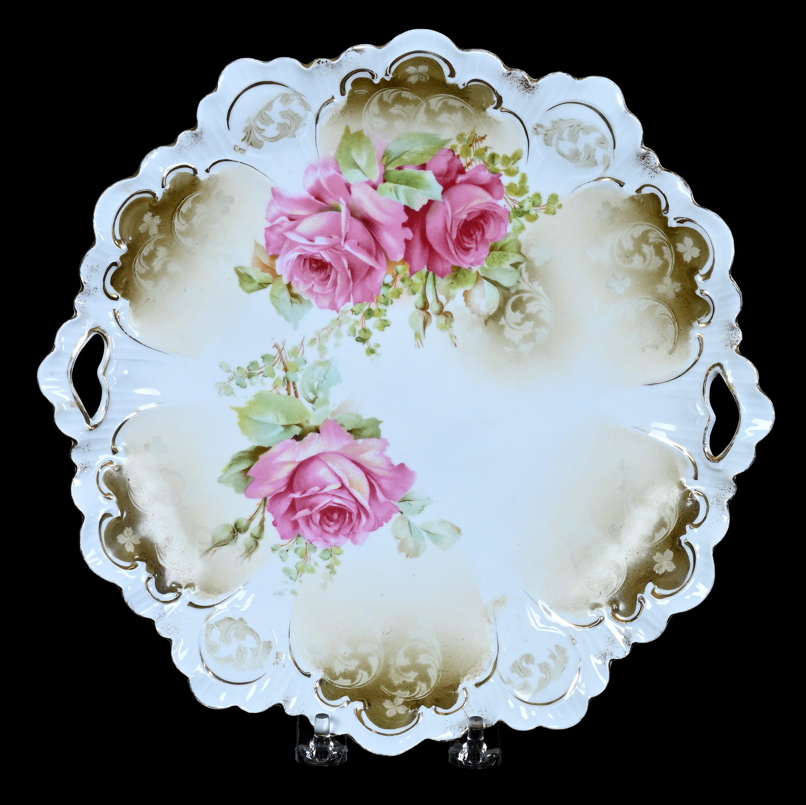 Two Handled Cake Plate, Marked R.S. Prussia: Two Handled Cake Plate, Marked R.S. Prussia, 10.5 x 10.5 x 1.25 Inches, Green, Cream, And White Tones With Pink Rose Decor, 1 Pound, Private Collection, Kansas. Effective 6/6/26, All LiveAuctioneers I