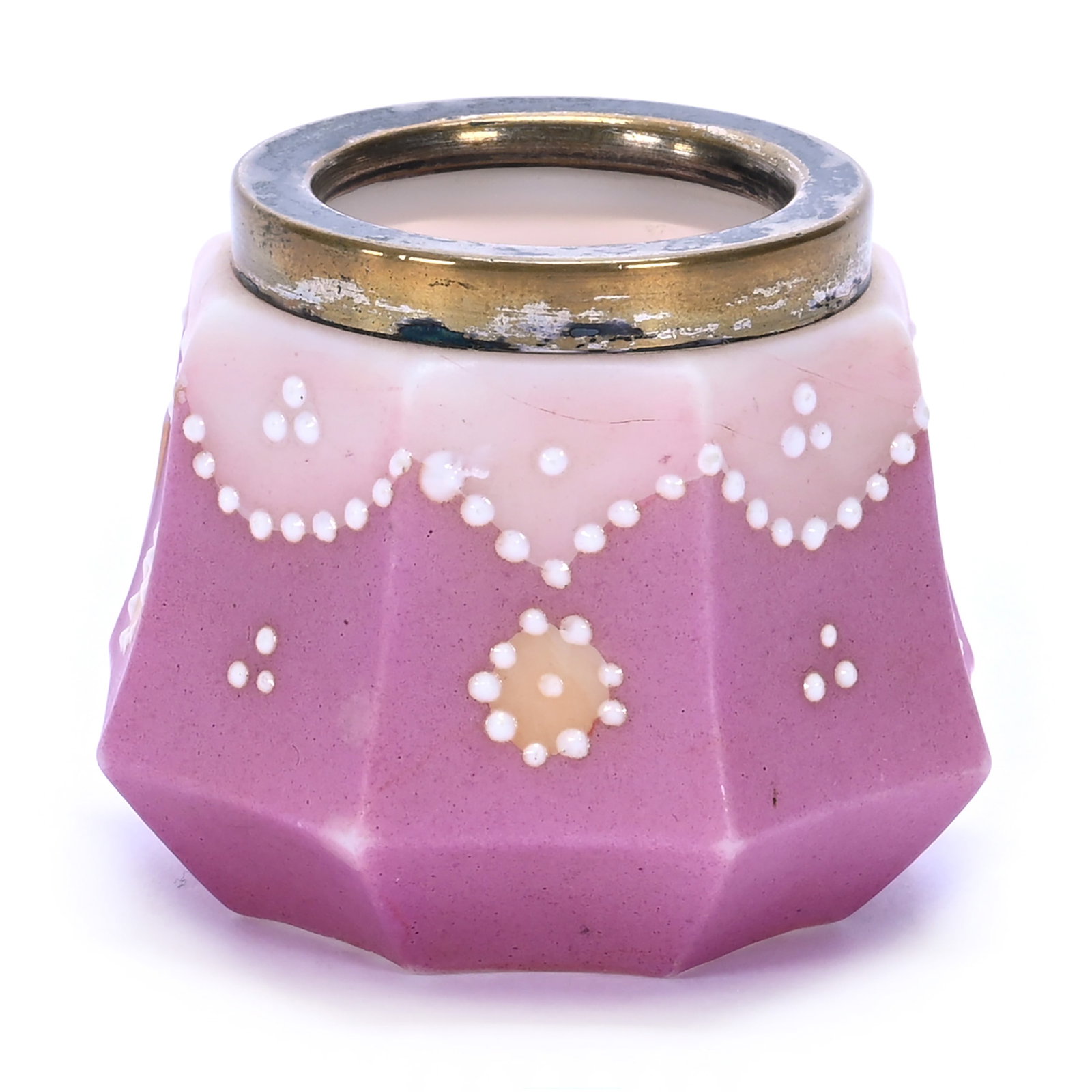 Eight-Sided Tooth Pick Holder, Marked Nakara: Eight-Sided Tooth Pick Holder, Marked Nakara, 1.75 x 2.5 x 2.5 Inches, Mauve And Pink Tones With White Enamel Beaded Highlights, Silverplate Rim, 0.2 Pounds, Grady and Annette Hite Collection, North C