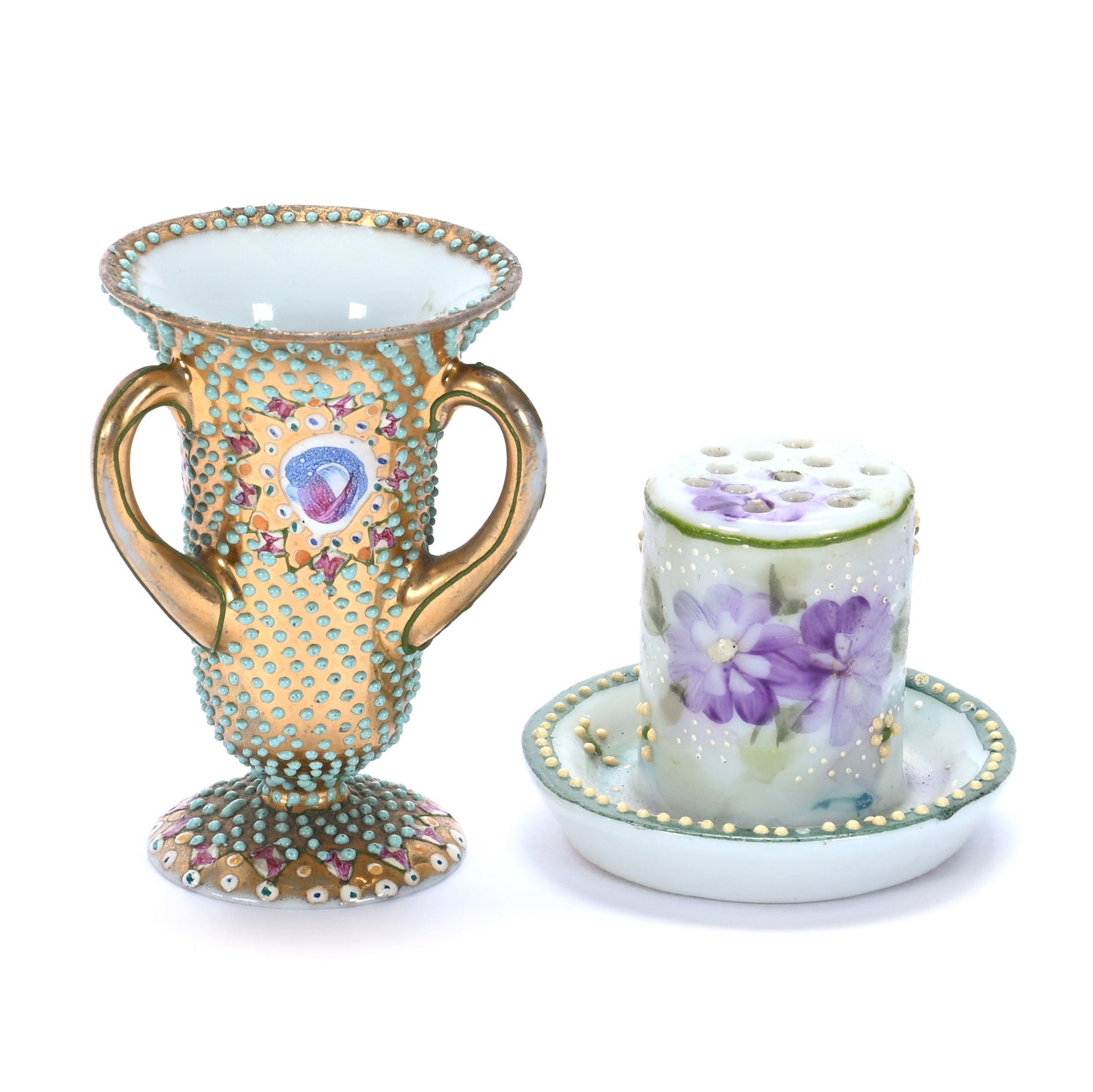 Three Handled Miniature Vase And Miniature Stick Pin Holder: Three Handled Miniature Vase And Miniature Stick Pin Holder, 2.5 x 1.75 x 1.75 Inches, Unmarked Nippon, (1) Gold Vase With Turquoise Beaded Tapestry Highlights, (1) 1.5" x 2", White And Green Stick Pi