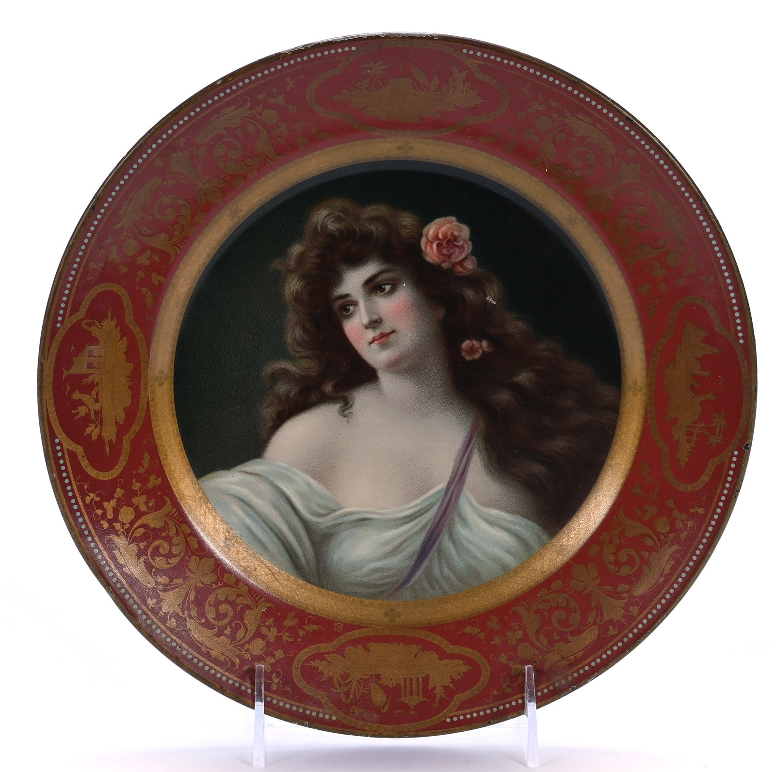 Vienna Art Lithograph Tin Portrait Plate: Vienna Art Lithograph Tin Portrait Plate, 9.5 x 9.5 x 0.75 Inches, Portrait Of Louise With Red Border, Circa 1905, 0.4 Pounds, Grady and Annette Hite Collection, North Carolina. Effective 6/6/26, All 