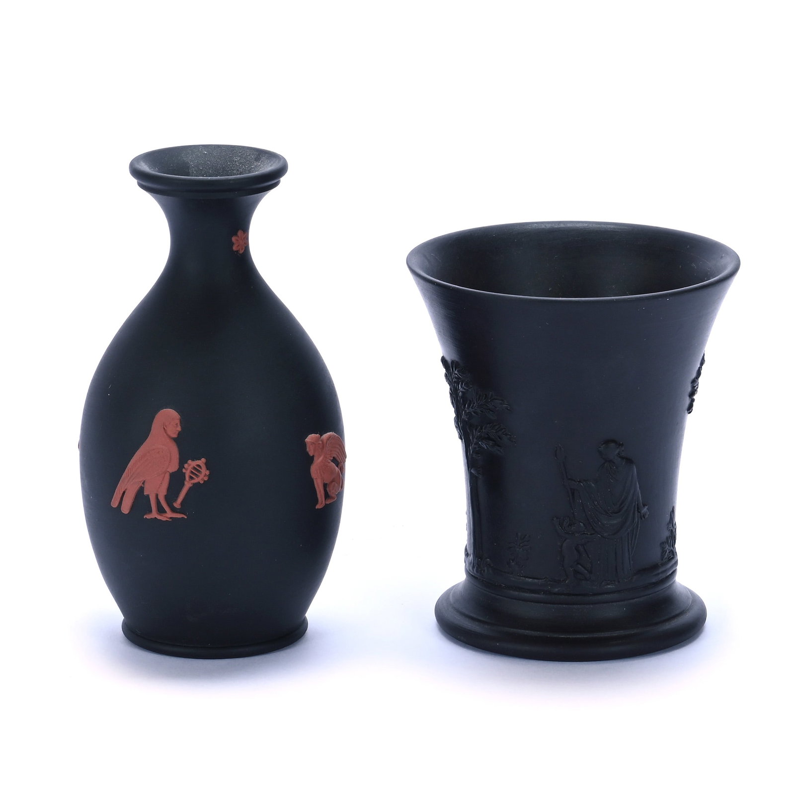 (2) Vases, Marked Wedgwood MIE (Made In England): (2) Vases, Marked Wedgwood MIE (Made In England), 4.75 x 2.5 x 2.5 Inches, Black Jasper, (1) With Egyptian Themed Terracotta Relief And (1) 3.75" x 3.25" Classic Scenic Relief, 1.2 Pounds, Grady and