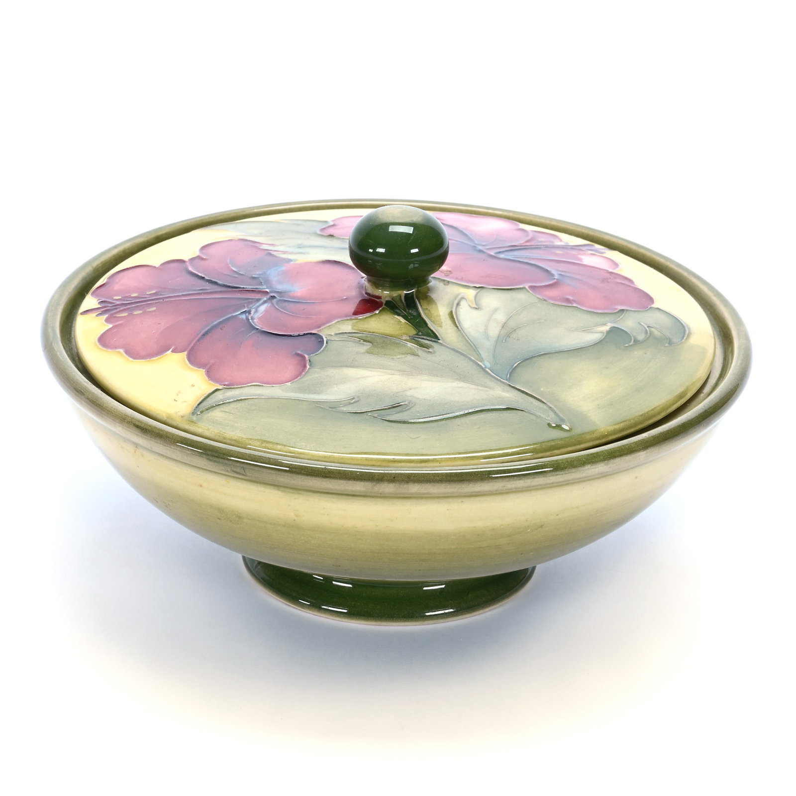 Covered Bowl, Marked Moorcroft: Covered Bowl, Marked Moorcroft, 3.5 x 6.25 x 6.25 Inches, Green And Yellow Tones With Red Hibiscus Decor, 1.4 Pounds, Grady and Annette Hite Collection, North Carolina. Effective 6/6/26, All LiveAucti