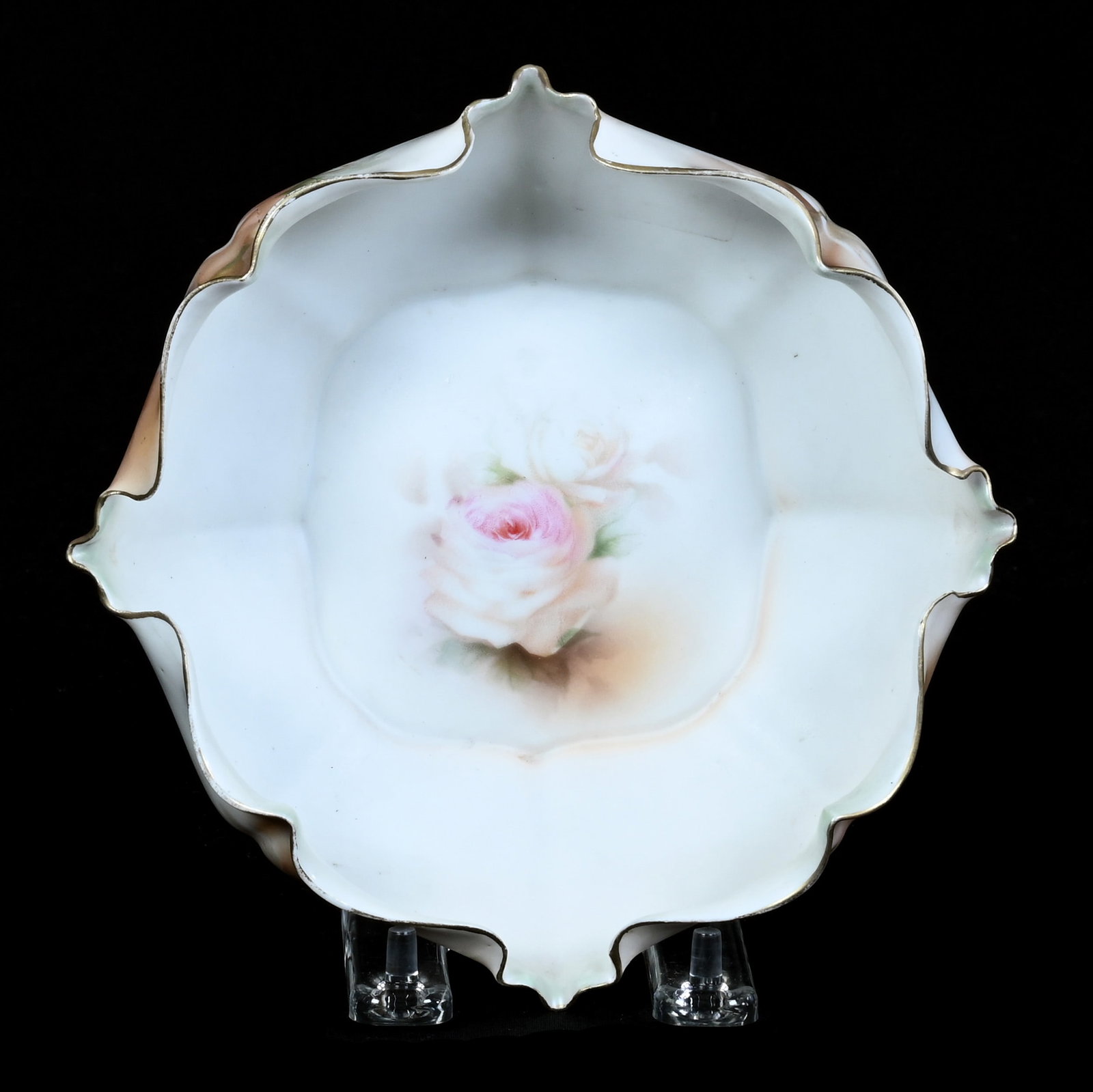 Bowl, Marked R.S. Prussia: Bowl, Marked R.S. Prussia, 7 x 7 x 2.5 Inches, Brown, Green, And White Satin Finish With Pink Rose Decor, 0.5 Pounds, Grady and Annette Hite Collection, North Carolina. Effective 6/6/26, All LiveAucti