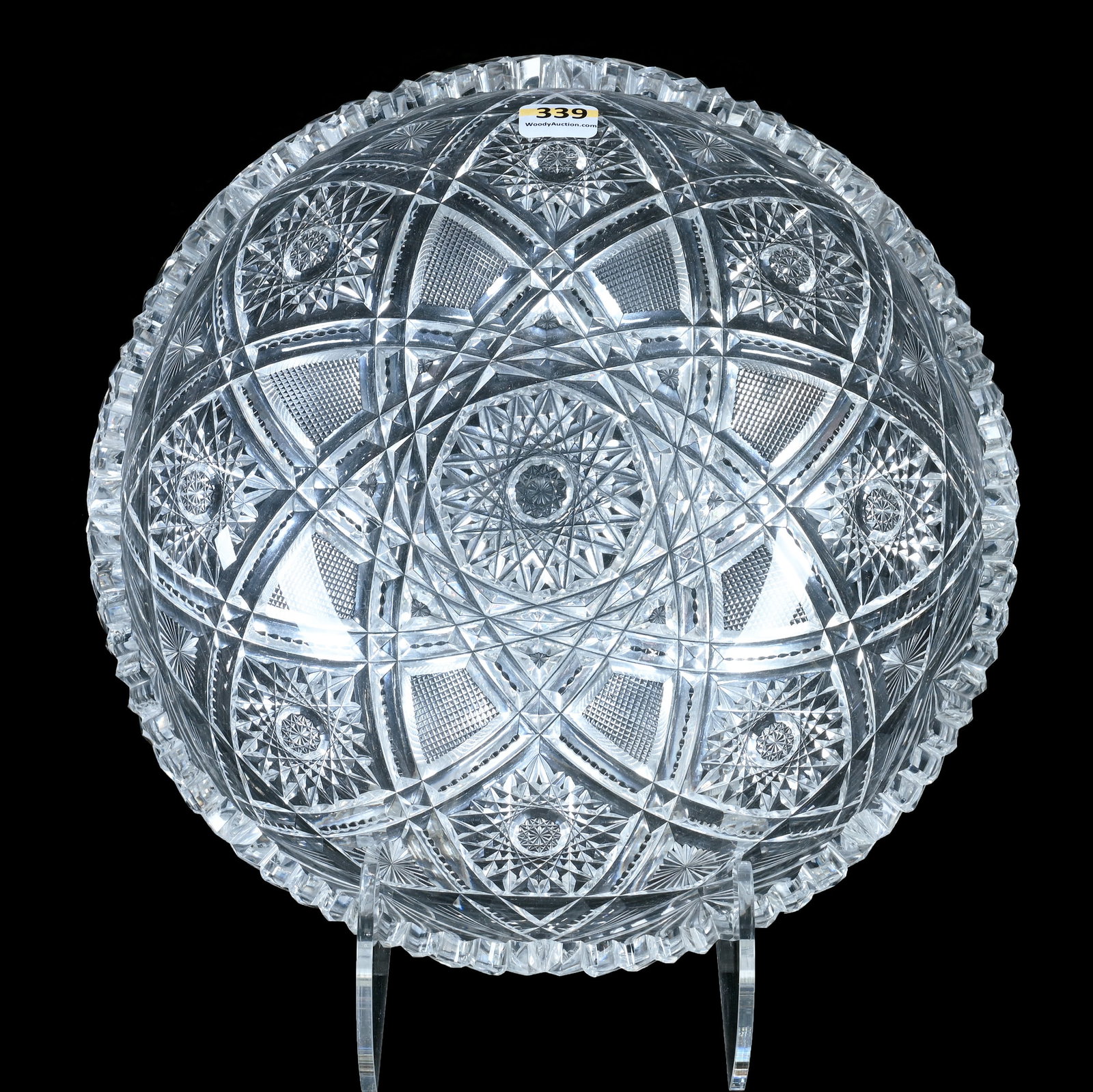 Bowl, American Brilliant Cut Glass: Bowl, American Brilliant Cut Glass, 10 x 10 x 3.5 Inches, Eight Alternating Sections Of Hobstar, Vesica, Prism, Crosscutting, Star, And Fan Motif, 4.5 Pounds, Grady and Annette Hite Collection, North