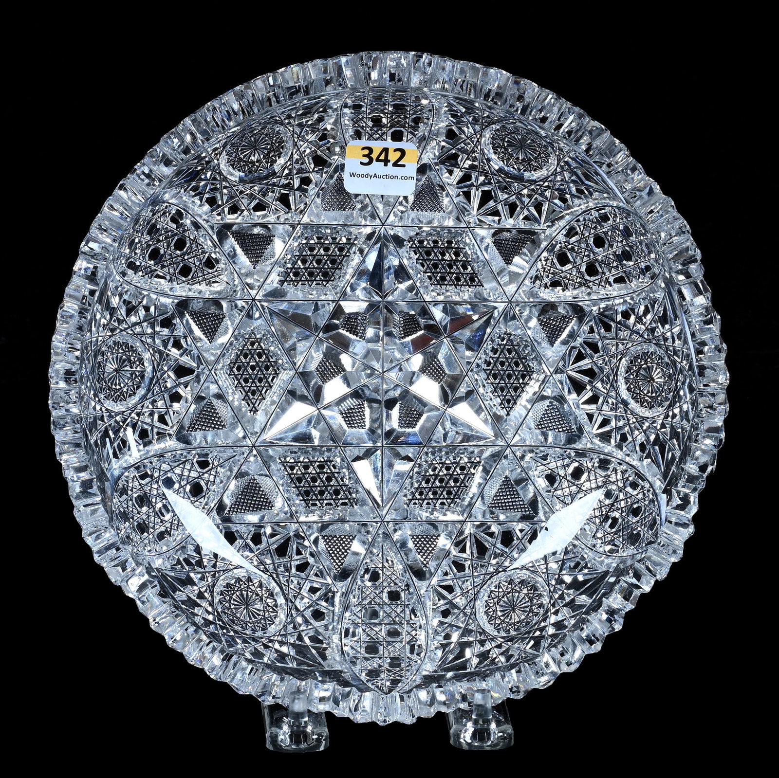 Bowl, American Brilliant Cut Glass: Bowl, American Brilliant Cut Glass, 8 x 8 x 2 Inches, Six Alternating Sections Of Hobstar, Vesica, Cane, Nailhead Diamond, And Crosscutting, 2.1 Pounds, Grady and Annette Hite Collection, North