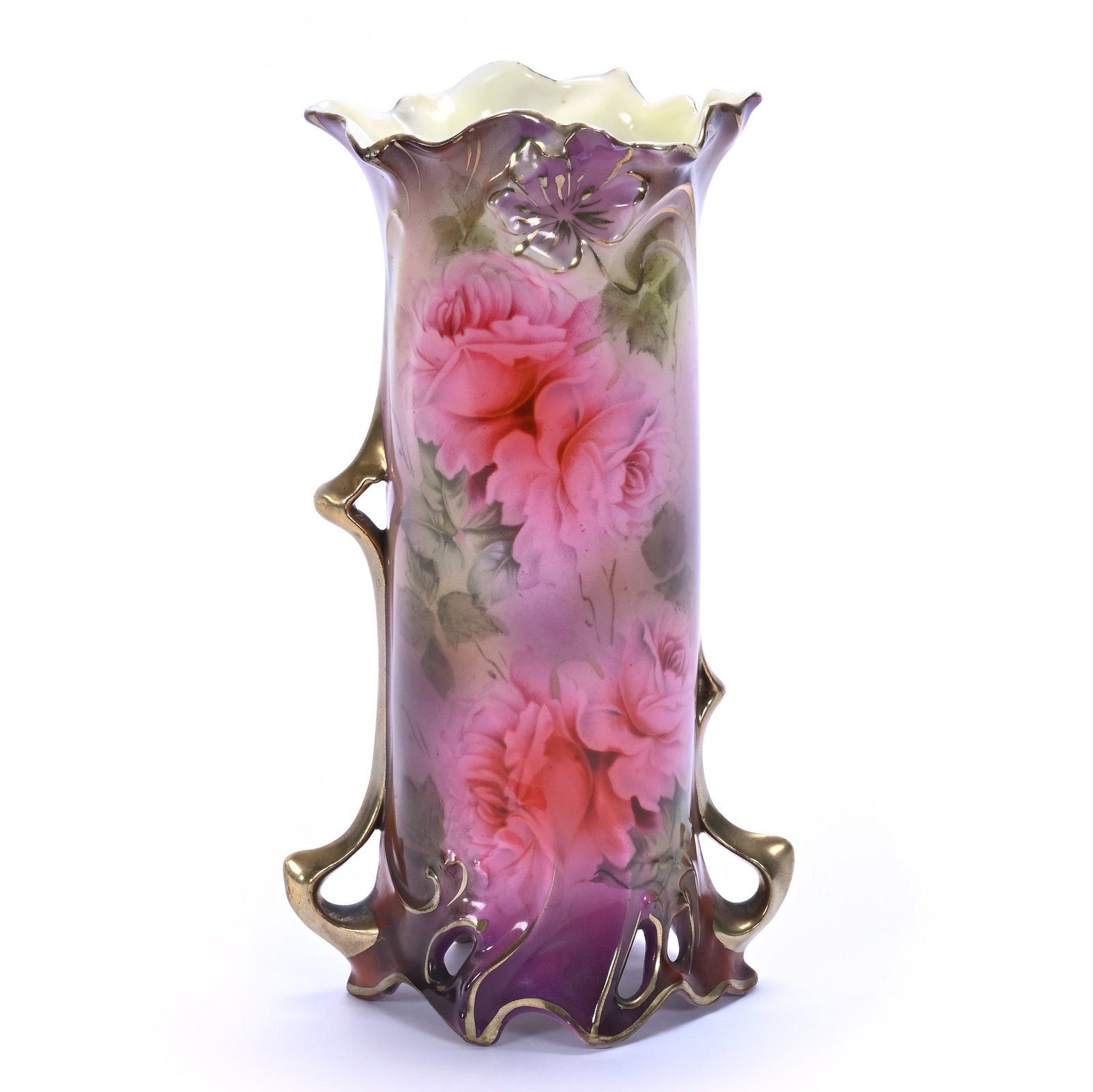 Cylinder Vase, Marked Royal Vienna: Cylinder Vase, Marked Royal Vienna, 8.25 x 4.75 x 3.5 Inches, Brown, Yellow, And Lavender Tones With Pink Rose Decor, 0.8 Pounds, Grady and Annette Hite Collection, North Carolina. Effective 6/6/26,