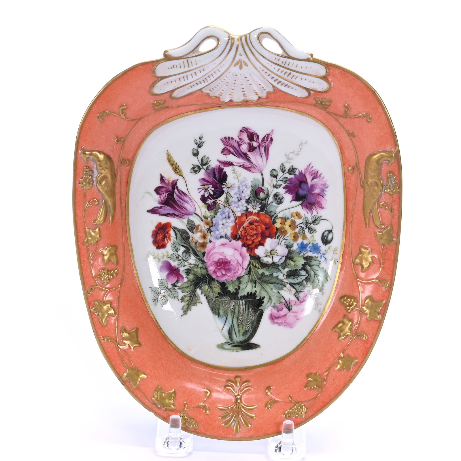 Dish, Unmarked Italian Porcelain: Dish, Unmarked Italian Porcelain, 8 x 6.5 x 1.5 Inches, Cream Center With Colorful Floral Vase Decor, Orange Border With Raised Gold Relief, 0.9 Pounds, Grady and Annette Hite Collection, North