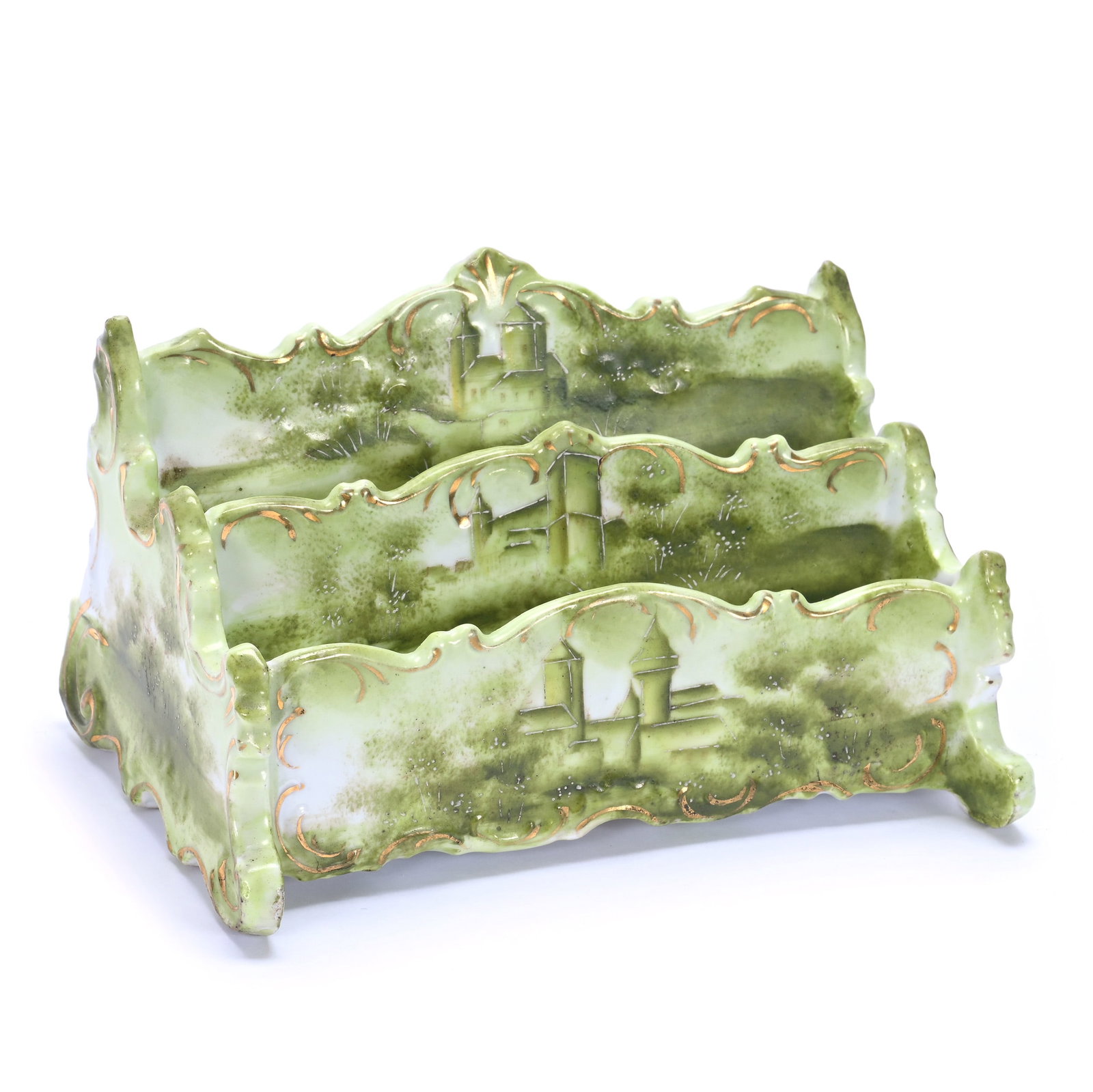 Letter Holder, Unmarked R.S. Steeple (Early R.S. Prussia): Letter Holder, Unmarked R.S. Steeple (Early R.S. Prussia), 6.25 x 4 x 3.5 Inches, Green And White Tones With Castle Decor, 1.3 Pounds, Grady and Annette Hite Collection, North Carolina. Effective