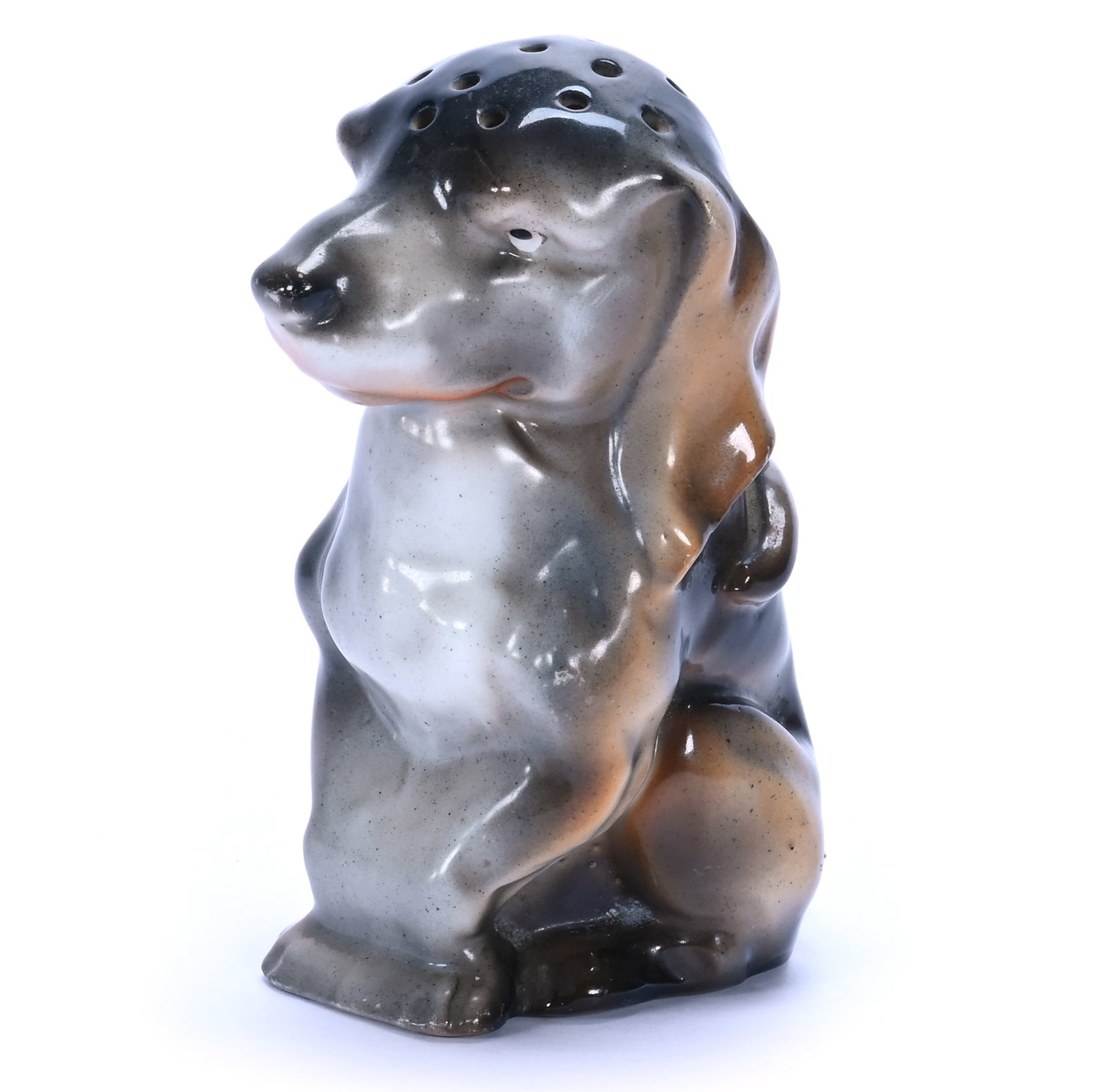 Hatpin Holder, Unmarked Royal Bayreuth: Hatpin Holder, Unmarked Royal Bayreuth, 4.5 x 2.25 x 3.25 Inches, Dachshund Form, Brown And Gray Tones, 0.3 Pounds, Grady and Annette Hite Collection, North Carolina. Effective 6/6/26, All LiveAuction