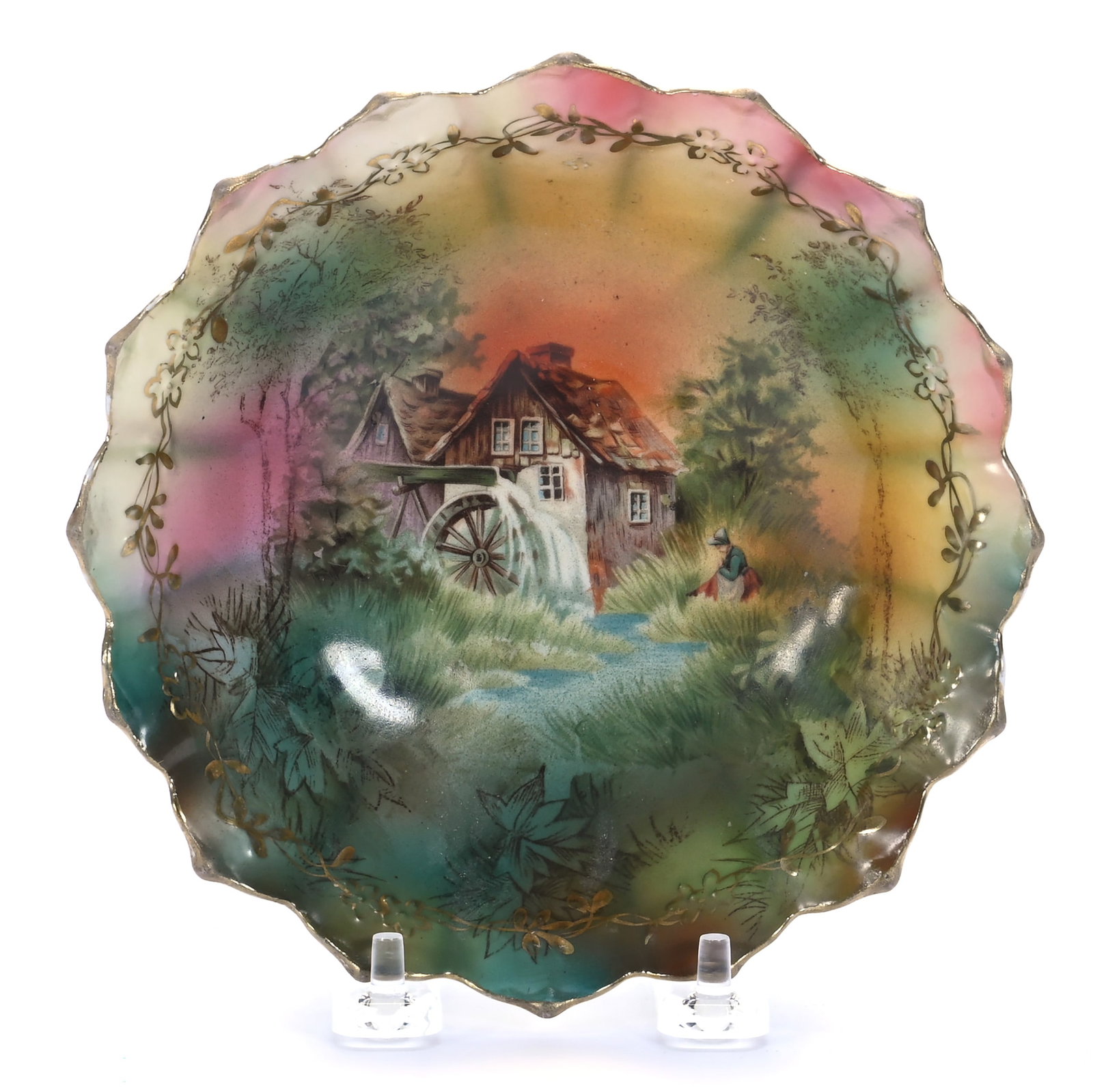 Three Footed Bowl, Unmarked R.S. Prussia: Three Footed Bowl, Unmarked R.S. Prussia, 6.5 x 6.5 x 2.5 Inches, Green, Yellow, Orange, And Pink Tones With Mill Scenic Decor, 0.4 Pounds, Grady and Annette Hite Collection, North Carolina. Effective