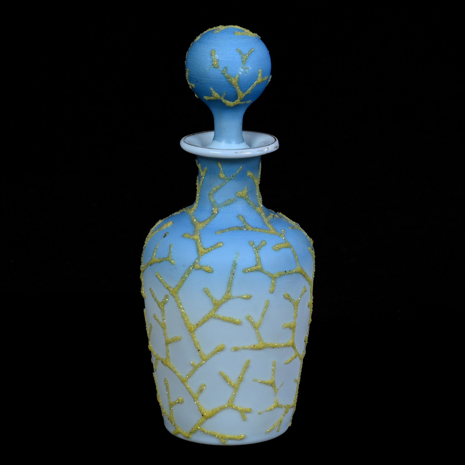 Bottle, Bristol Art Glass: Bottle, Bristol Art Glass, 7 x 3 x 3 Inches, Blue Shading To White, Yellow Coralene Overlay, Matching Stopper, 0.6 Pounds, Grady and Annette Hite Collection, North Carolina. Effective 6/6/26, All Live