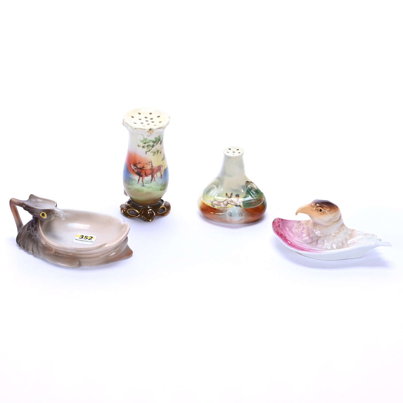 (2) Hatpin Holders And (2) Figural Ash Trays: (2) Hatpin Holders And (2) Figural Ash Trays, 4.5 x 2.25 x 2.25 Inches, (1) Royal Bayreuth Blue Mark Hatpin Holder, Stag In Meadow Scenic Decor, (1) 2.5" x 3" Unmarked Royal Bayreuth Stick Pin Holder 