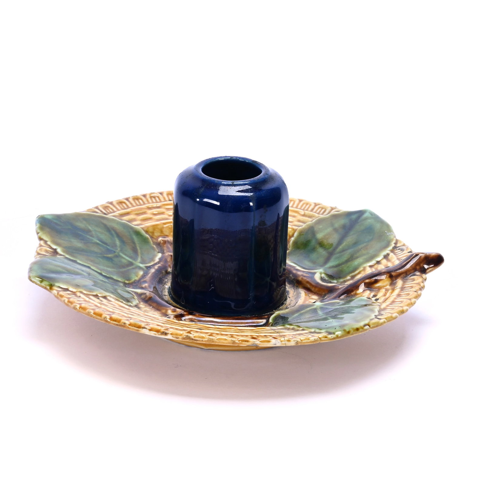 Inkwell, Marked Majolica, Attributed To Boch Luxembourg: Inkwell, Marked Majolica, Attributed To Boch Luxembourg, 6.25 x 6.25 x 2.5 Inches, Cobalt Blue Well On Basketweave Base With Branch And Leaf Highlight, Old Rim Hairline And Small Rim Chip And Crack, 0
