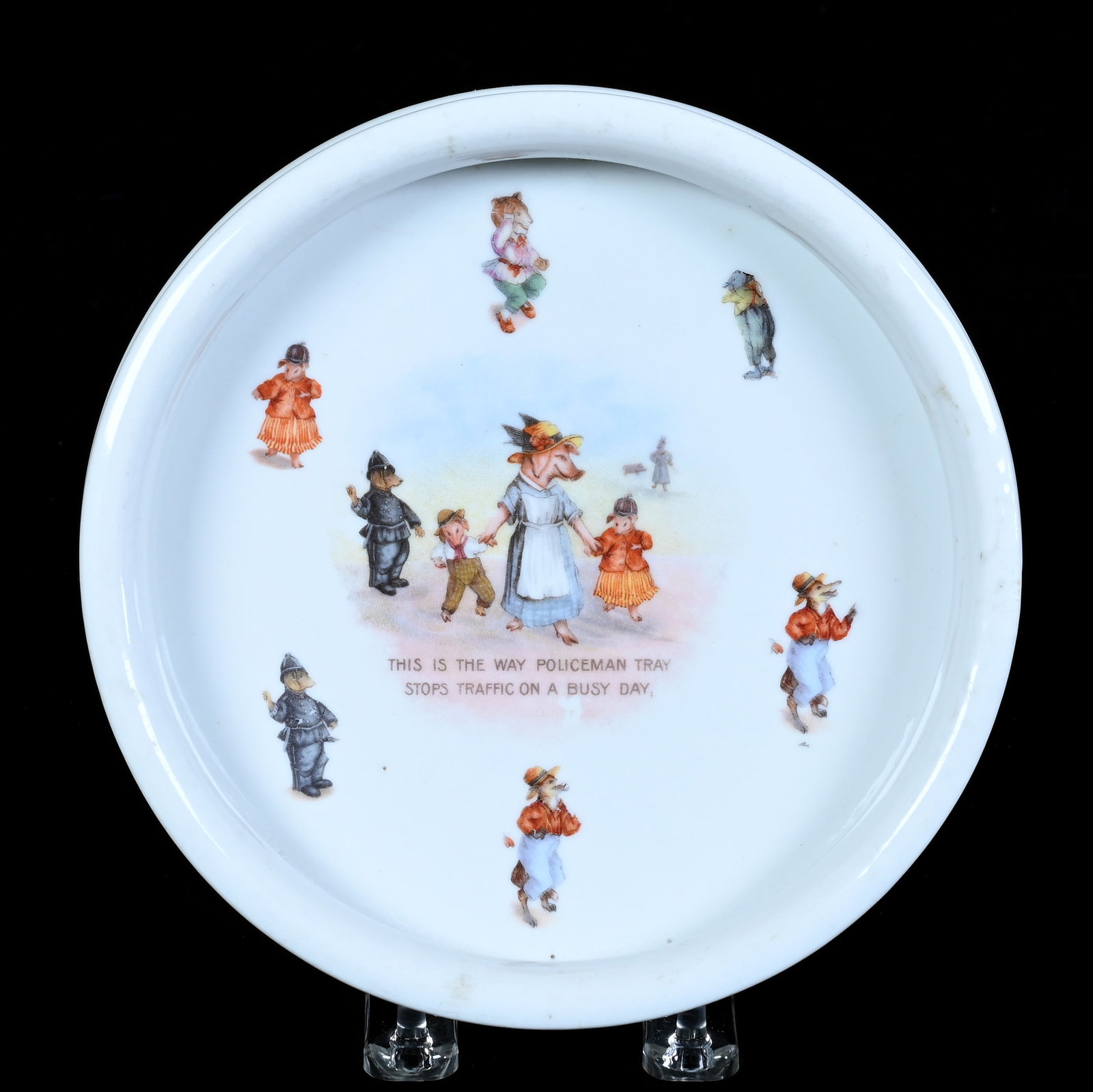 White Child's Bowl, Marked Germany: White Child's Bowl, Marked Germany, 7.5 x 7.5 x 1.5 Inches, Features Animal Characters And Phrase: "This Is The Way Policeman Tray Stops Traffic On A Busy Day", 1.5 Pounds, Grady and Annette Hite Coll