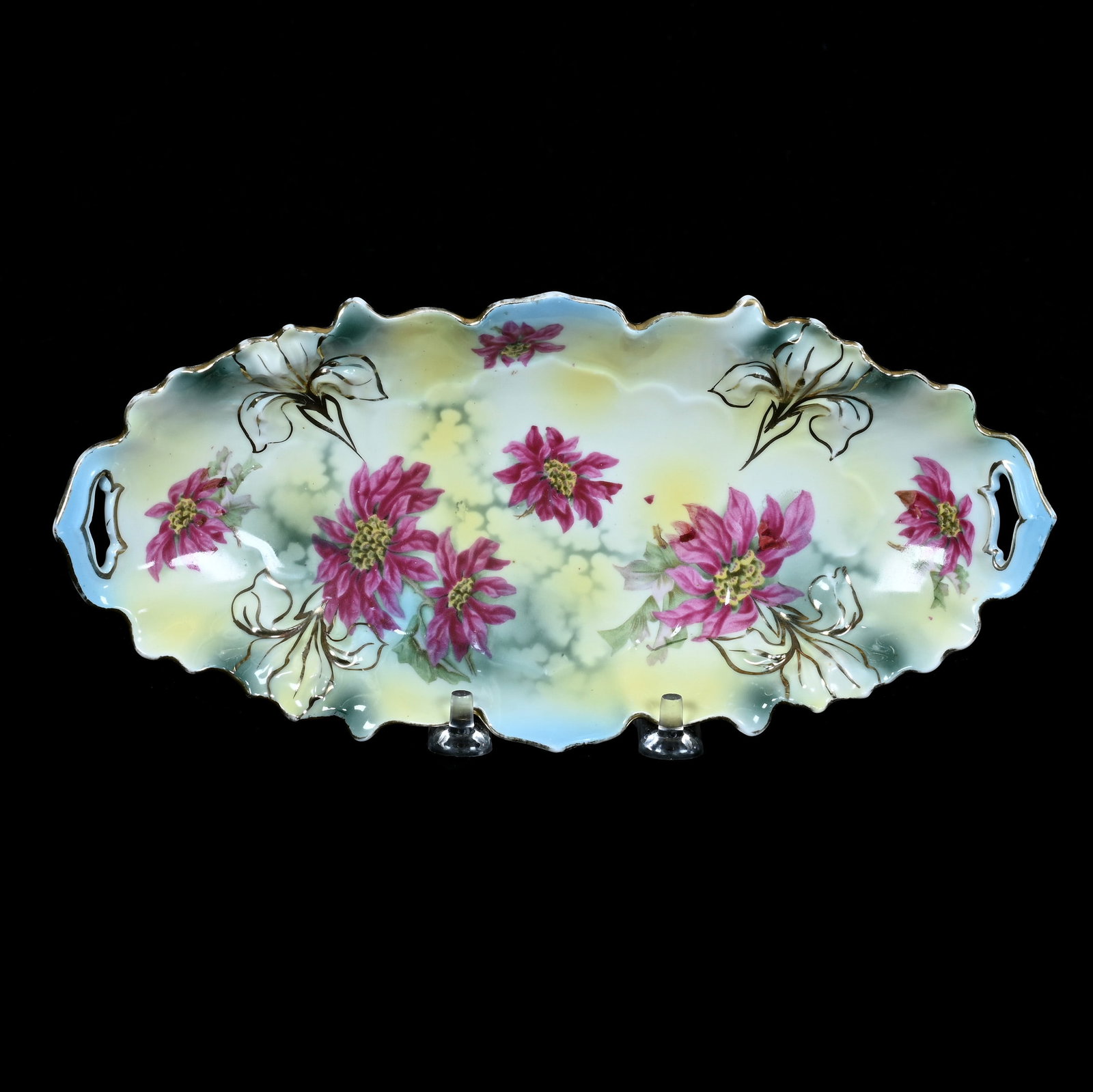 Relish Tray, Marked Wheelock Prussia, Iris Mold: Relish Tray, Marked Wheelock Prussia, Iris Mold, 9.5 x 4.5 x 1.25 Inches, Yellow, Green, And Blue Tones With Christmas Poinsettia Decor, 0.4 Pounds, Grady and Annette Hite Collection, North Carolina. 