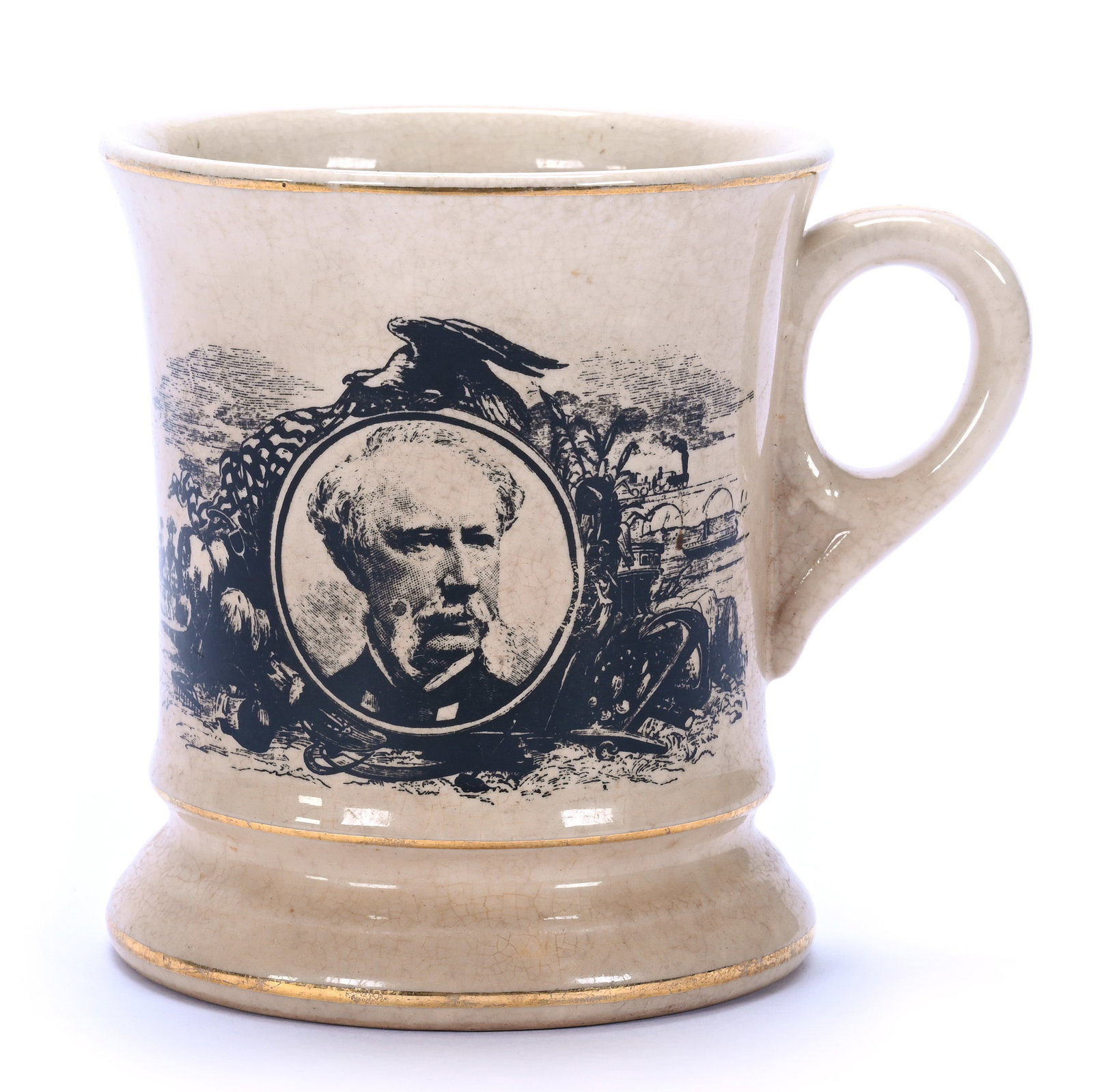 Mustache Cup, Vintage Semi-Porcelain: Mustache Cup, Vintage Semi-Porcelain, 4 x 4.5 x 3.5 Inches, Civil War Era Medallion Portrait Of Mustached Man, 0.6 Pounds, Grady and Annette Hite Collection, North Carolina. Effective 6/6/26, All Live