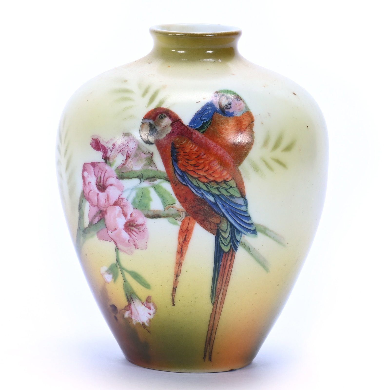 Vase, Unmarked Royal Bayreuth: Vase, Unmarked Royal Bayreuth, 4.75 x 4 x 4 Inches, Brown, Yellow, And Green Tones With Tropical Parrot Decor, 0.5 Pounds, Grady and Annette Hite Collection, North Carolina. Effective 6/6/26, All Live