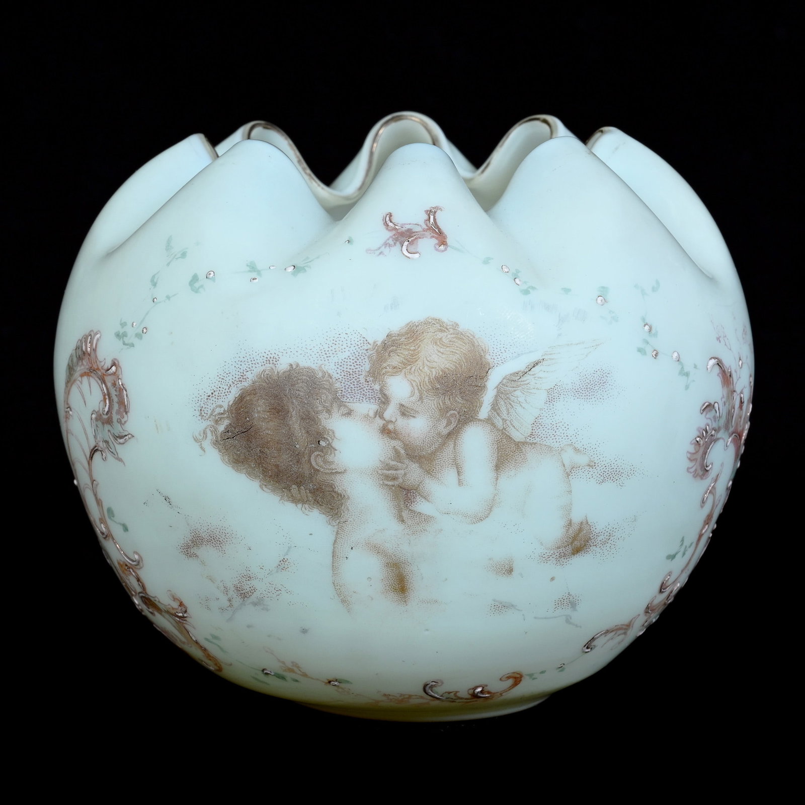 Rose Bowl, Solid Uranium Art Glass: Rose Bowl, Solid Uranium Art Glass, 4.25 x 4.25 x 3.75 Inches, Portrait Of Woman And Cherub, Highly Reactive Under Blacklight, 0.6 Pounds, Grady and Annette Hite Collection, North Carolina. Effective 