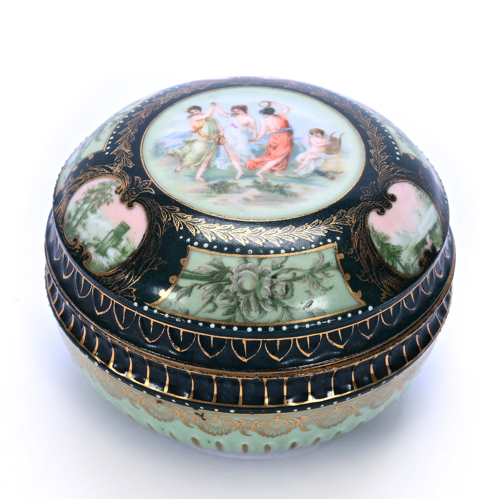 Covered Box, Royal Vienna Beehive Mark: Covered Box, Royal Vienna Beehive Mark, 4 x 4 x 3 Inches, Three Graces Scenic Decor With Two Tone Green Border And Gold Highlights, 0.6 Pounds, Grady and Annette Hite Collection, North Carolina. Effec