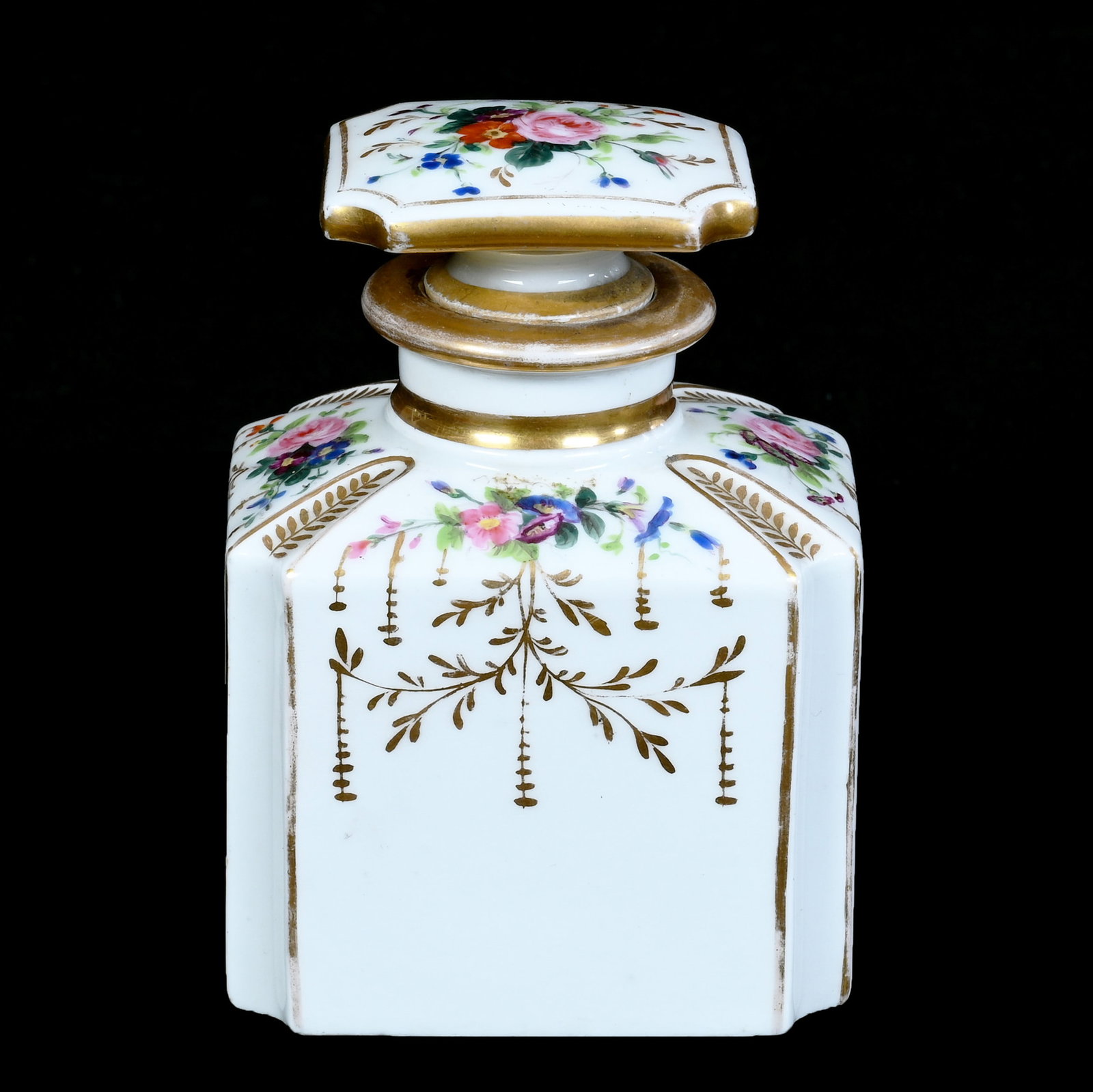 Four-Sided Cologne Bottle, Unmarked French Porcelain: Four-Sided Cologne Bottle, Unmarked French Porcelain, 5 x 3.5 x 2.75 Inches, White With Colorful Floral Decor And Gold Highlights, Early 19th Century, 0.9 Pounds, Grady and Annette Hite Collection, No
