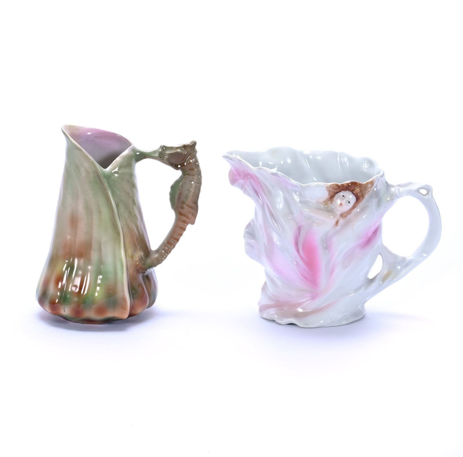 (2) Figural Creamers, Royal Bayreuth: (2) Figural Creamers, Royal Bayreuth, 4.5 x 3.75 x 3 Inches, (1) Seahorse And Shell, Green And Brown Tones And (1) 4" x 5.25" Art Nouveau Lady, White And Pink Satin, 0.6 Pounds, Grady and Annette Hite