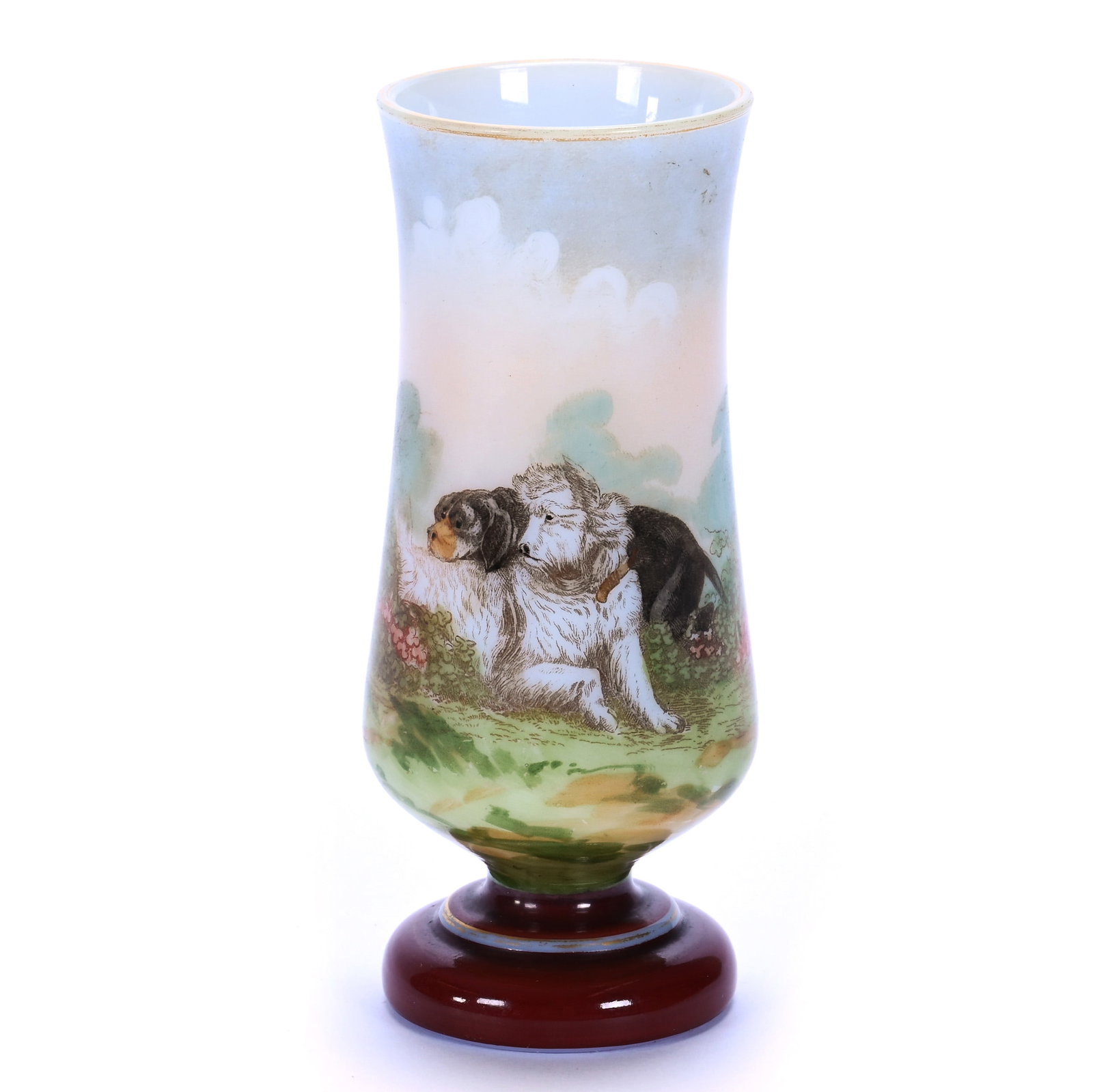 Pedestal Vase, Opaline Art Glass: Pedestal Vase, Opaline Art Glass, 4.75 x 2 x 2 Inches, Hunting Dog Motif, Late 19th Century, Silesia, 0.5 Pounds, Grady and Annette Hite Collection, North Carolina. Effective 6/6/26, All LiveAuctionee