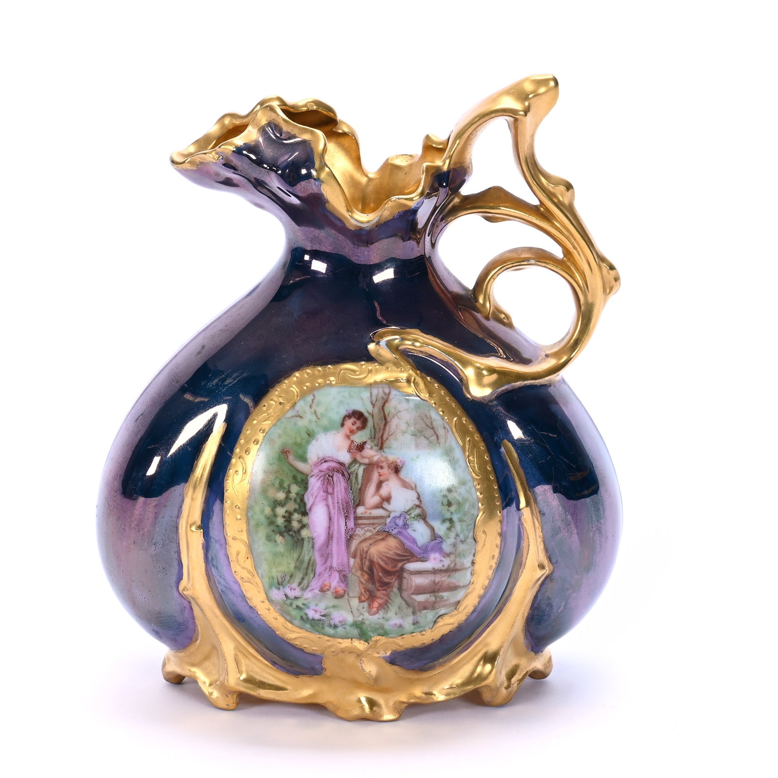 Ewer, Unmarked Royal Vienna: Ewer, Unmarked Royal Vienna, 4.5 x 3.75 x 2.5 Inches, Medallion Scene Of Two Women In Garden, Iridescent Purple Background And Heavy Gold Highlights, Nice Quality, 0.3 Pounds, Grady and Annette Hite C