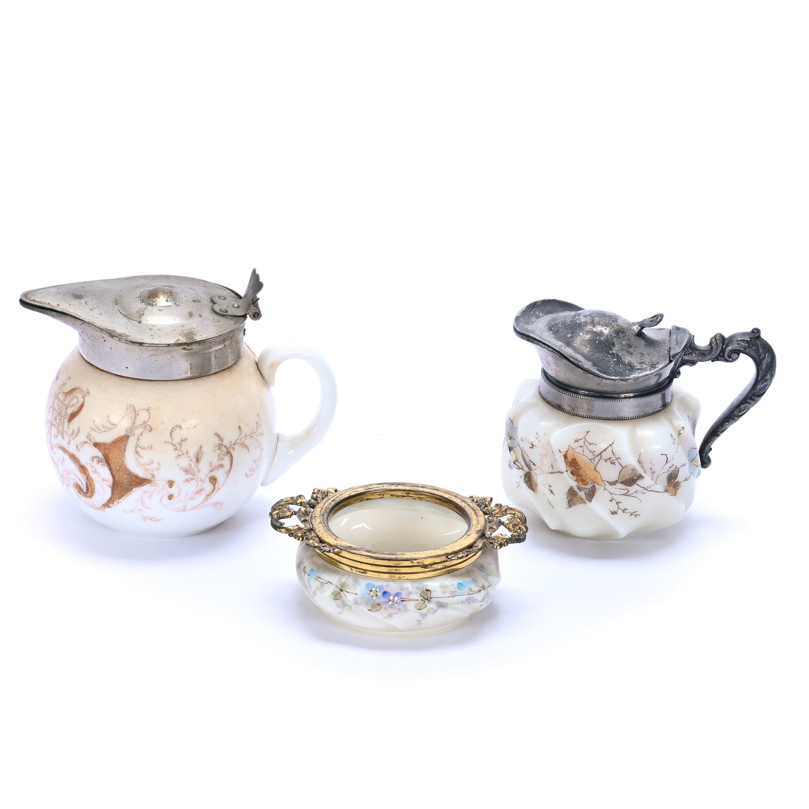 (2) Syrup Pitchers And (1) Pin Dish, Unmarked Wave Crest Style (1 of 3)