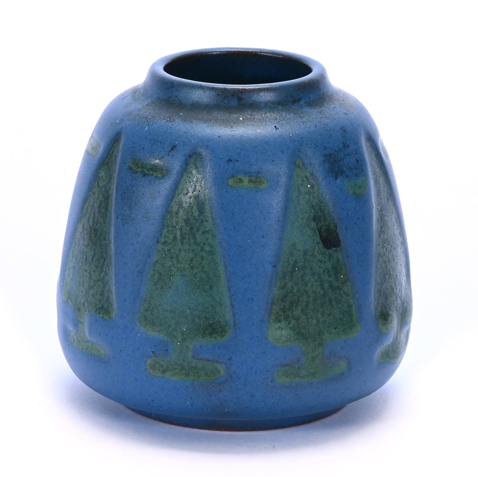 Vase, Unidentified Art Pottery: Vase, Unidentified Art Pottery, 2.5 x 2.5 x 2.5 Inches, Blue Glaze With Green Christmas Tree Design, Marked On Bottom DPT, 0.4 Pounds, Grady and Annette Hite Collection, North Carolina. Effective 6/6/